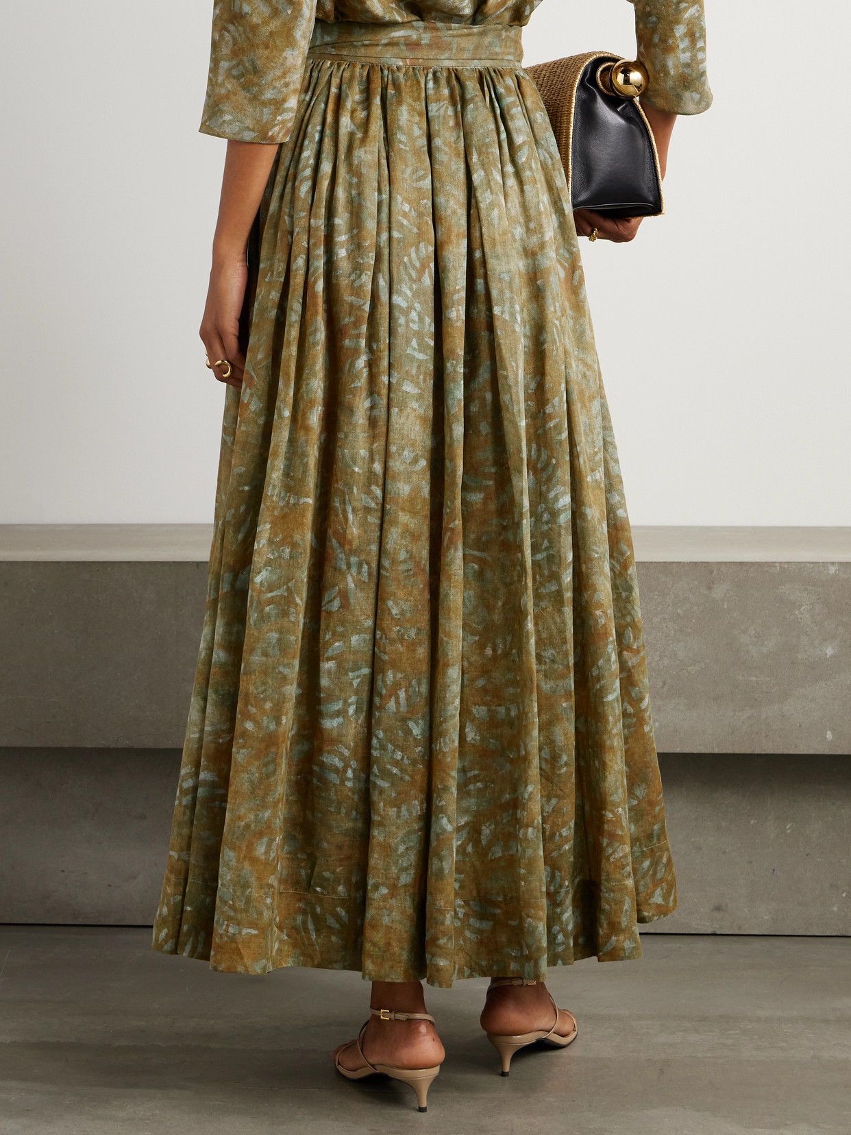 Cortana Lil Pleated Printed Ramie Maxi Skirt In Green