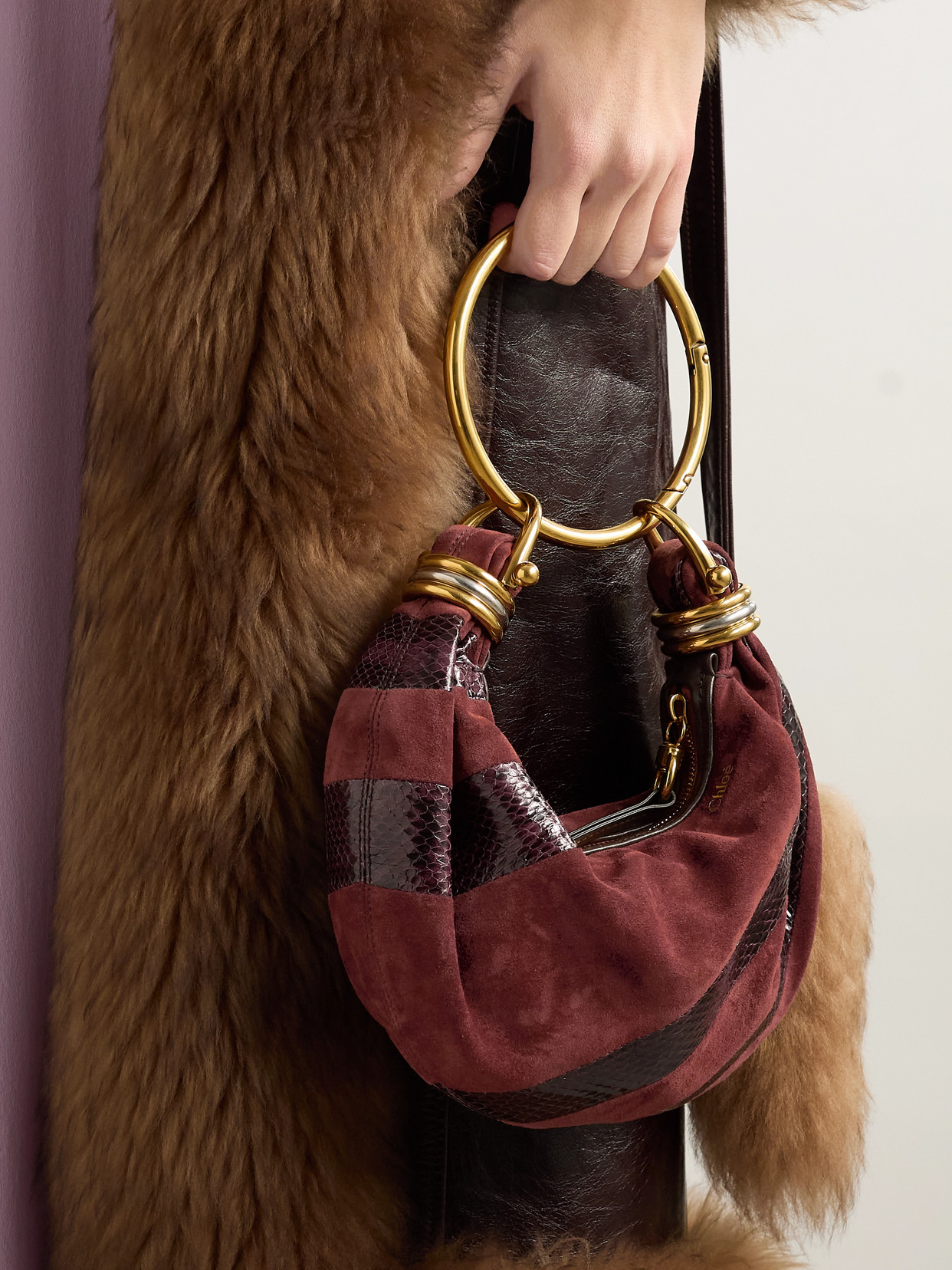 Chloé Bracelet Embellished Suede And Snake-effect Leather Shoulder Bag