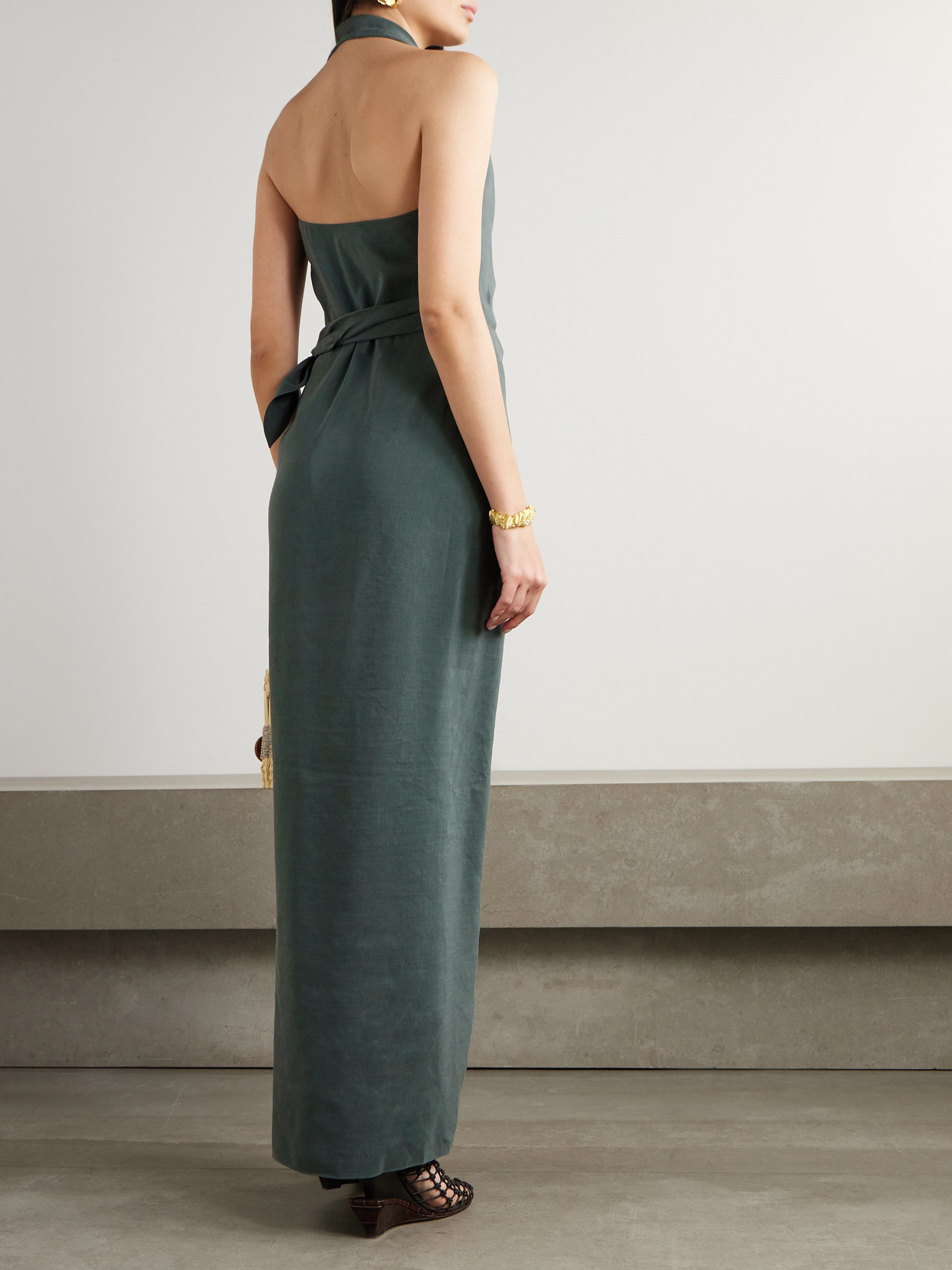 Cortana Mona Linen And Silk-blend Halterneck Maxi Wrap Dress