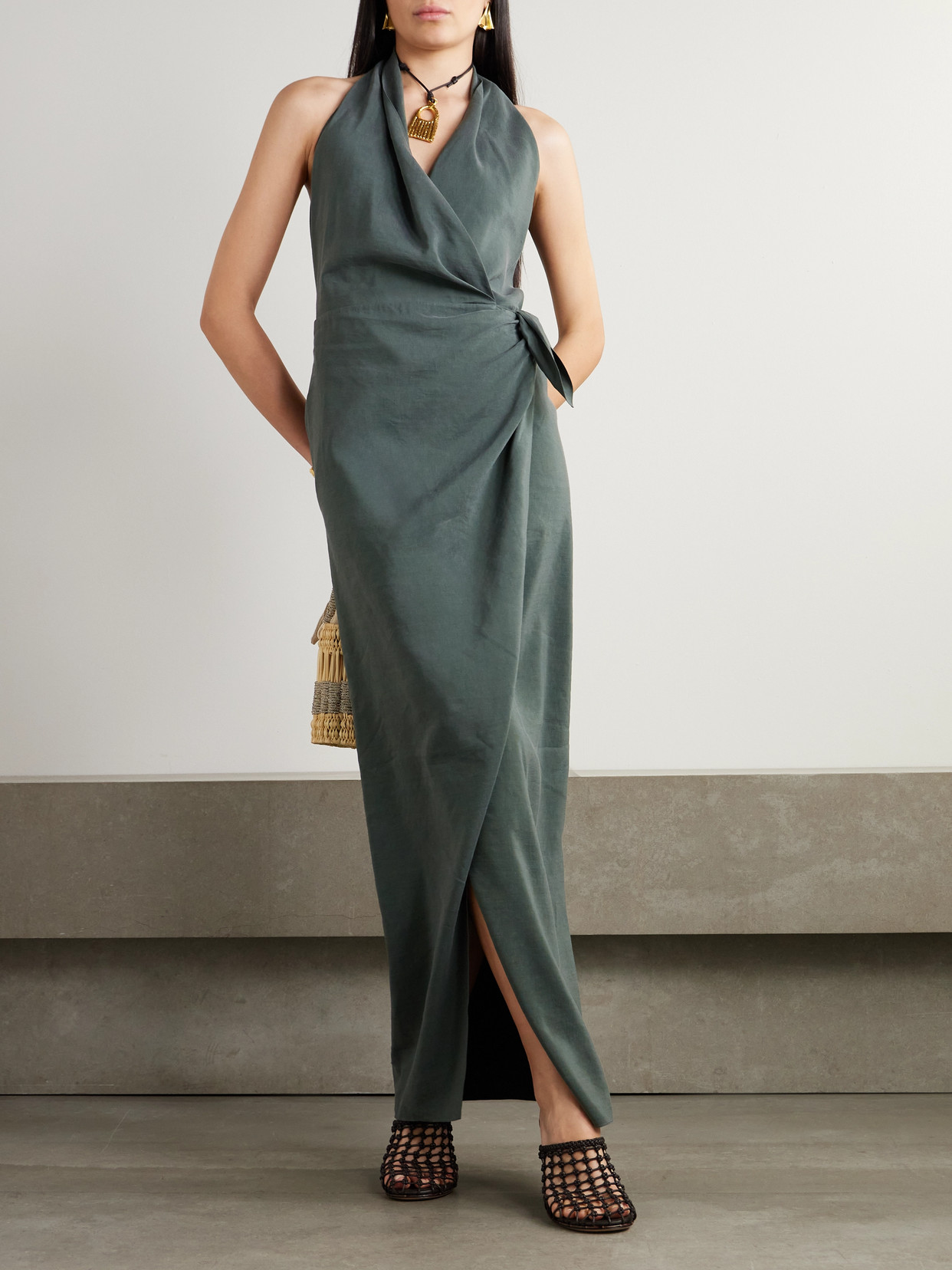 Cortana Mona Linen And Silk-blend Halterneck Maxi Wrap Dress