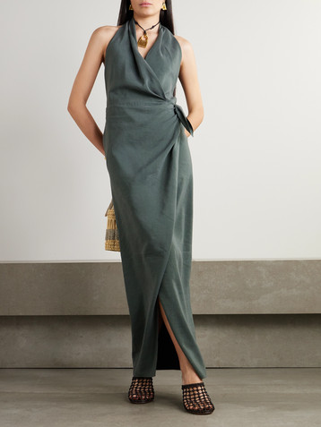 Cortana Mona linen and silk-blend halterneck maxi wrap dress