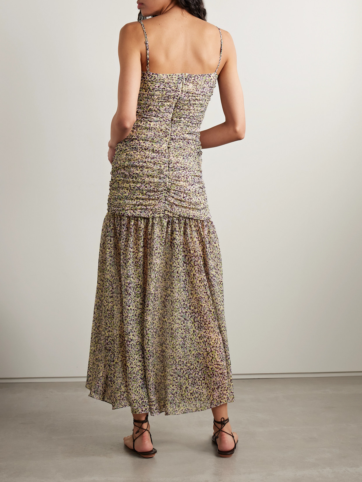 Kika Vargas Pamela Ruched Floral-print Chiffon Maxi Dress In Multi