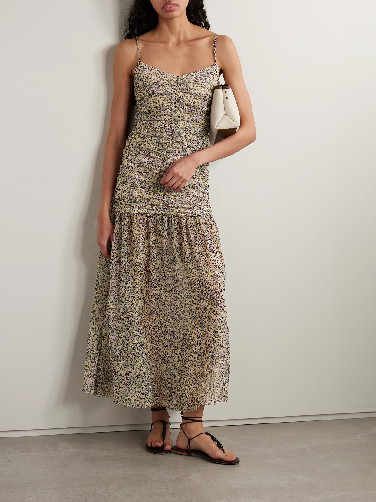 Kika Vargas Pamela Ruched Floral-print Chiffon Maxi Dress In Multi