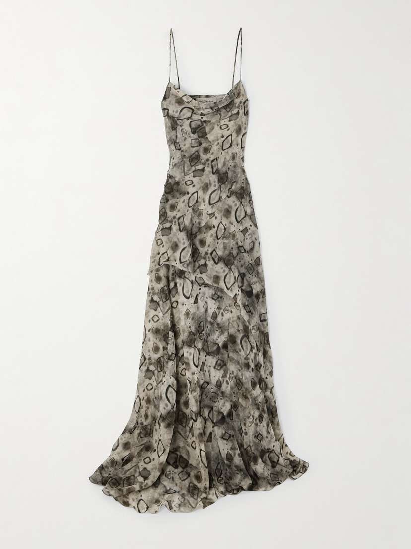 Cortana Meena Draped Frayed Printed Silk-georgette Maxi Dress