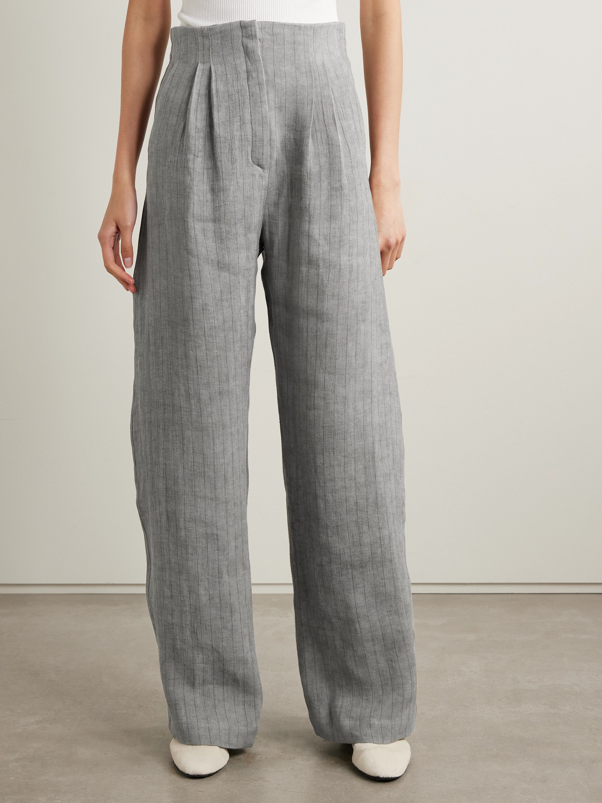 Cortana Lupe Pleated Striped Linen Wide-leg Pants In Gray