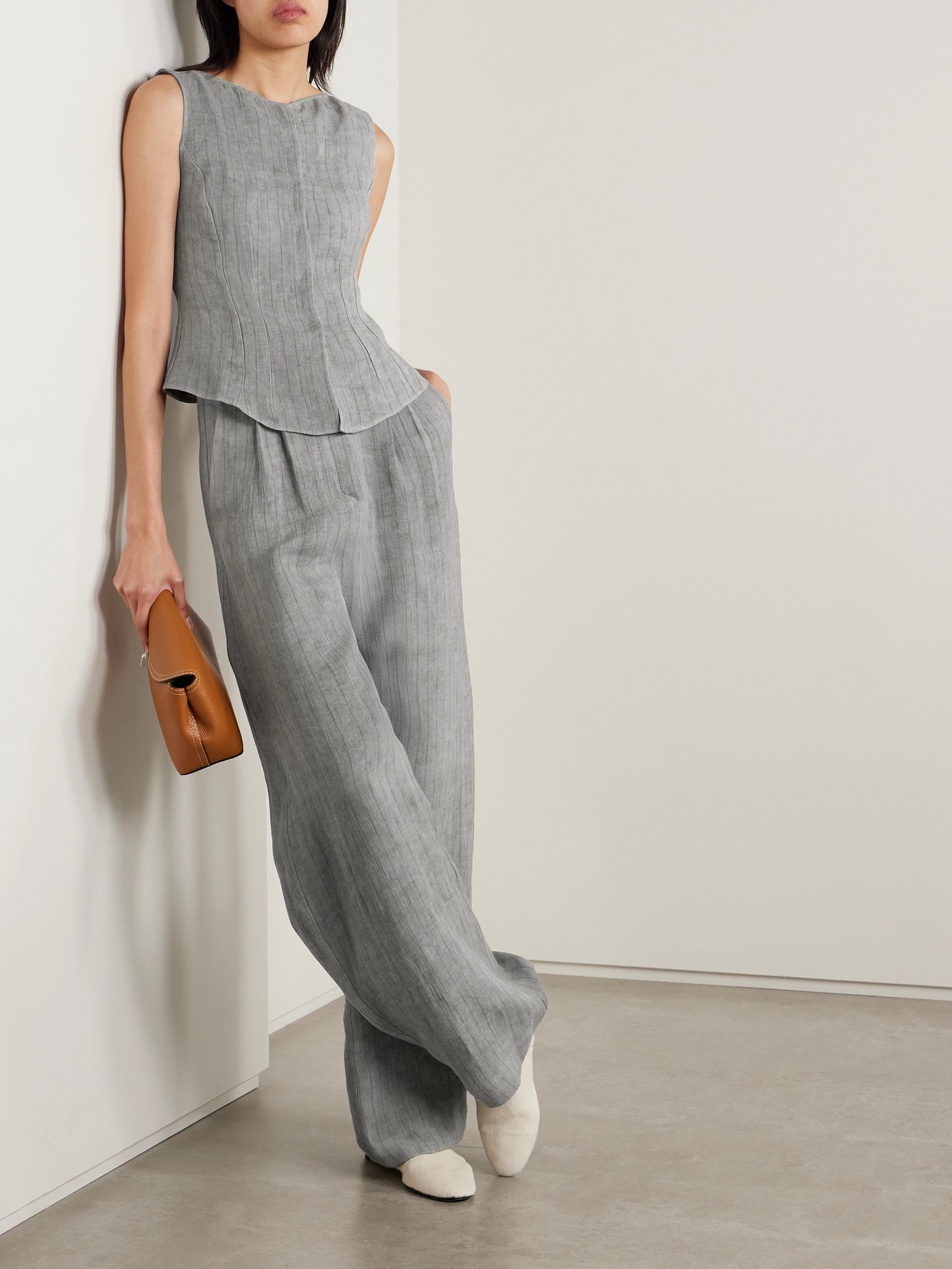 Cortana Lupe Pleated Striped Linen Wide-leg Pants In Gray