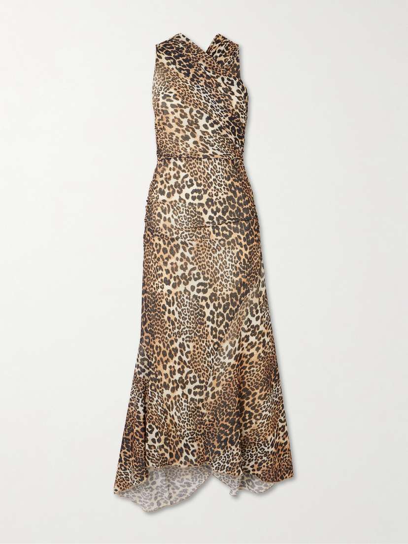 Ganni Asymmetric Draped Leopard-print Stretch Recycled-mesh Midi Dress