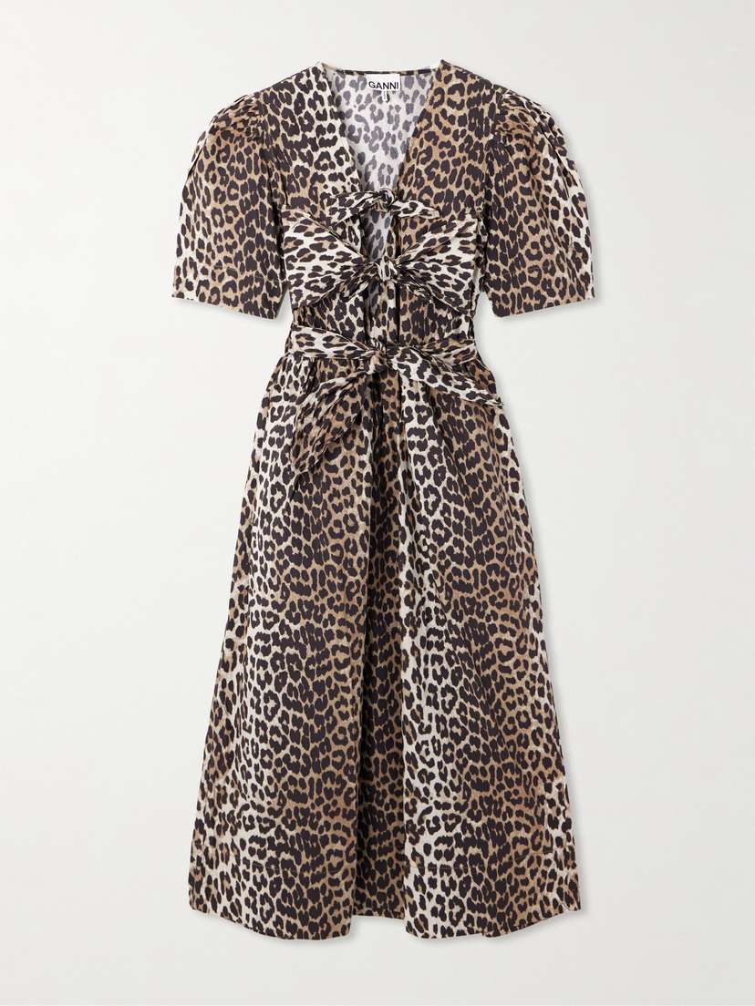 Ganni Belted Bow-embellished Leopard-print Cotton-poplin Midi Dress