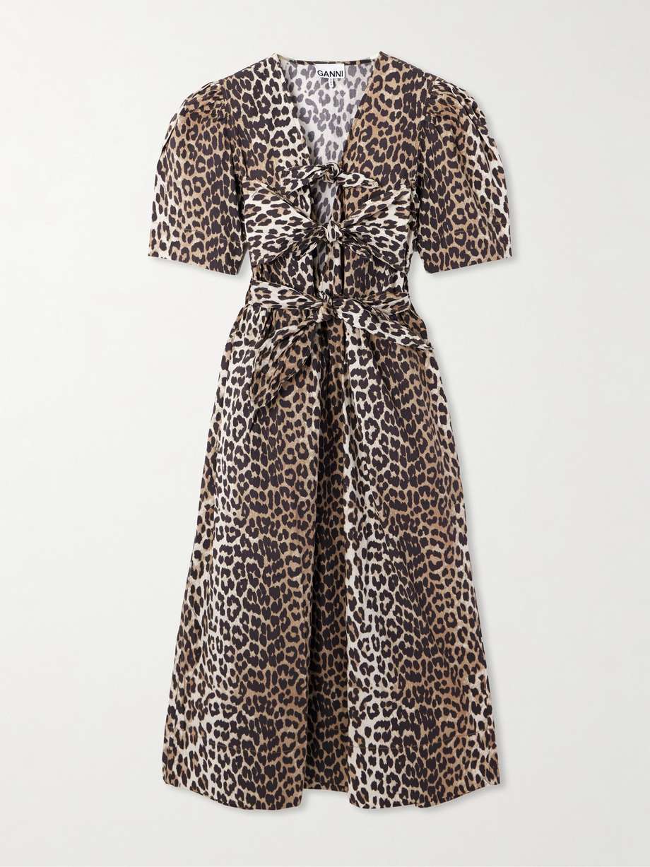 belted bow-embellished leopard-print cotton-poplin midi dress