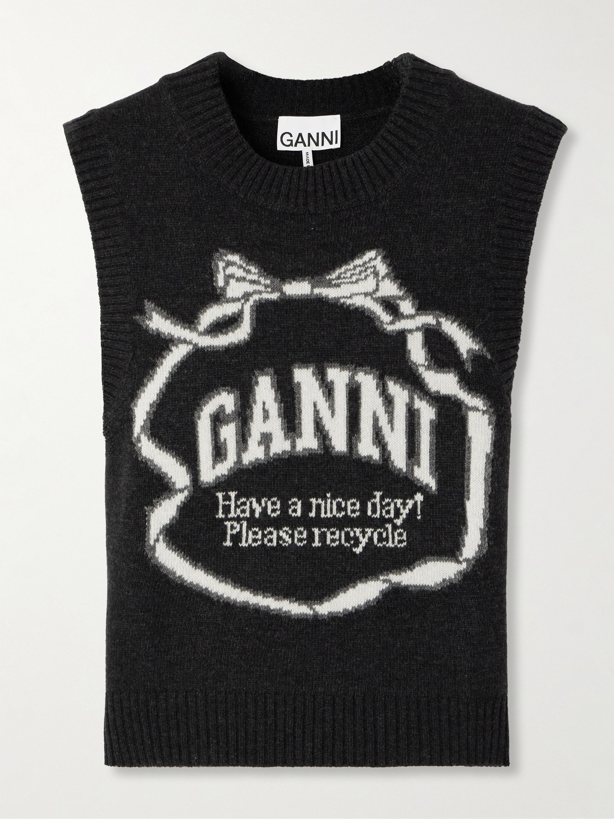 Ganni Intarsia-knit Wool-blend Waistcoat In Black