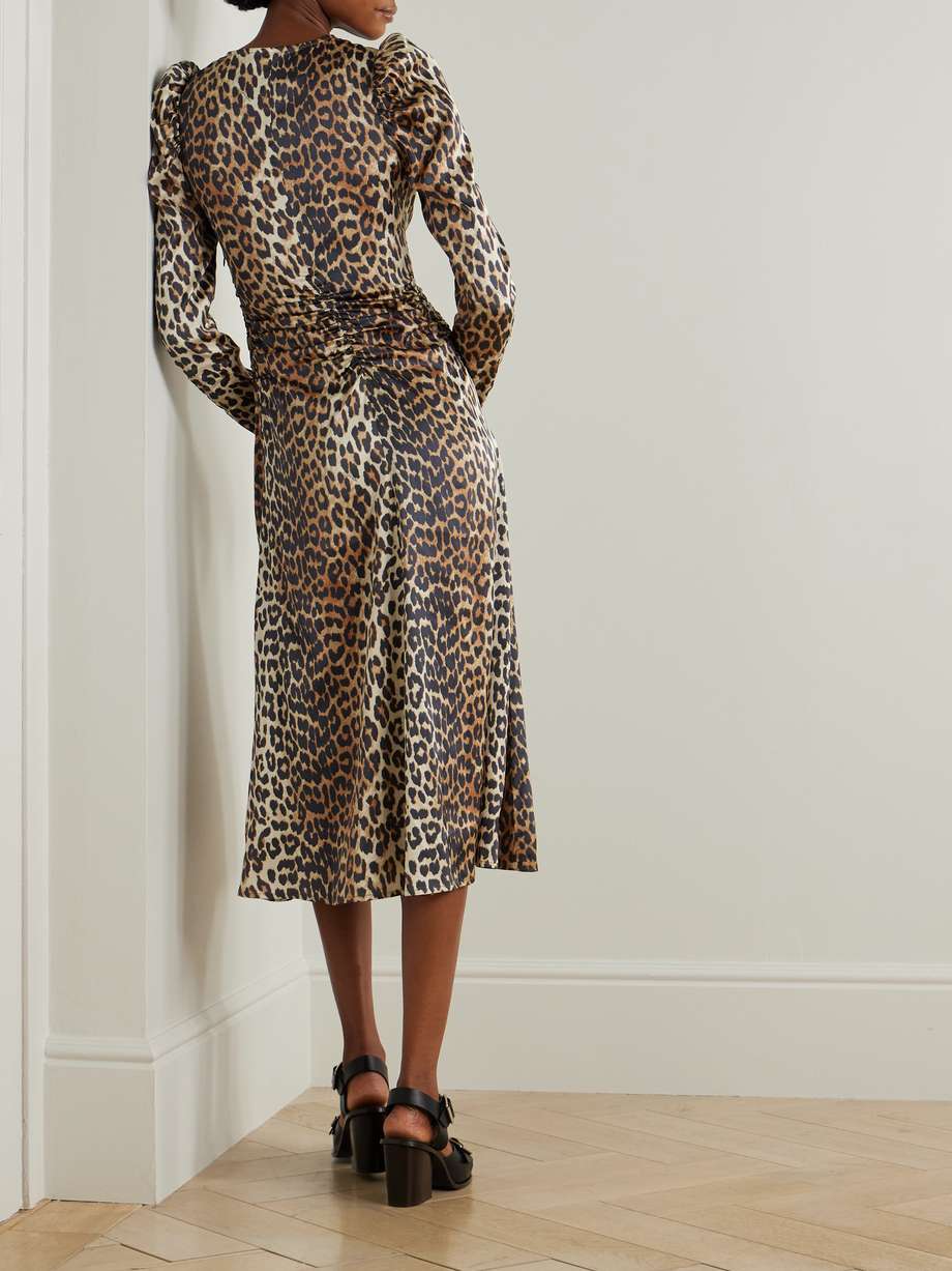 tie-detailed ruched leopard-print satin midi dress