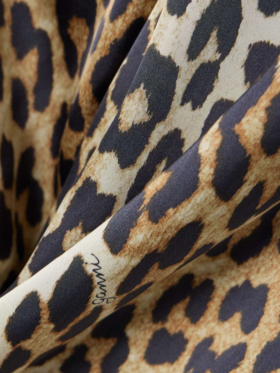 tie-detailed ruched leopard-print satin midi dress