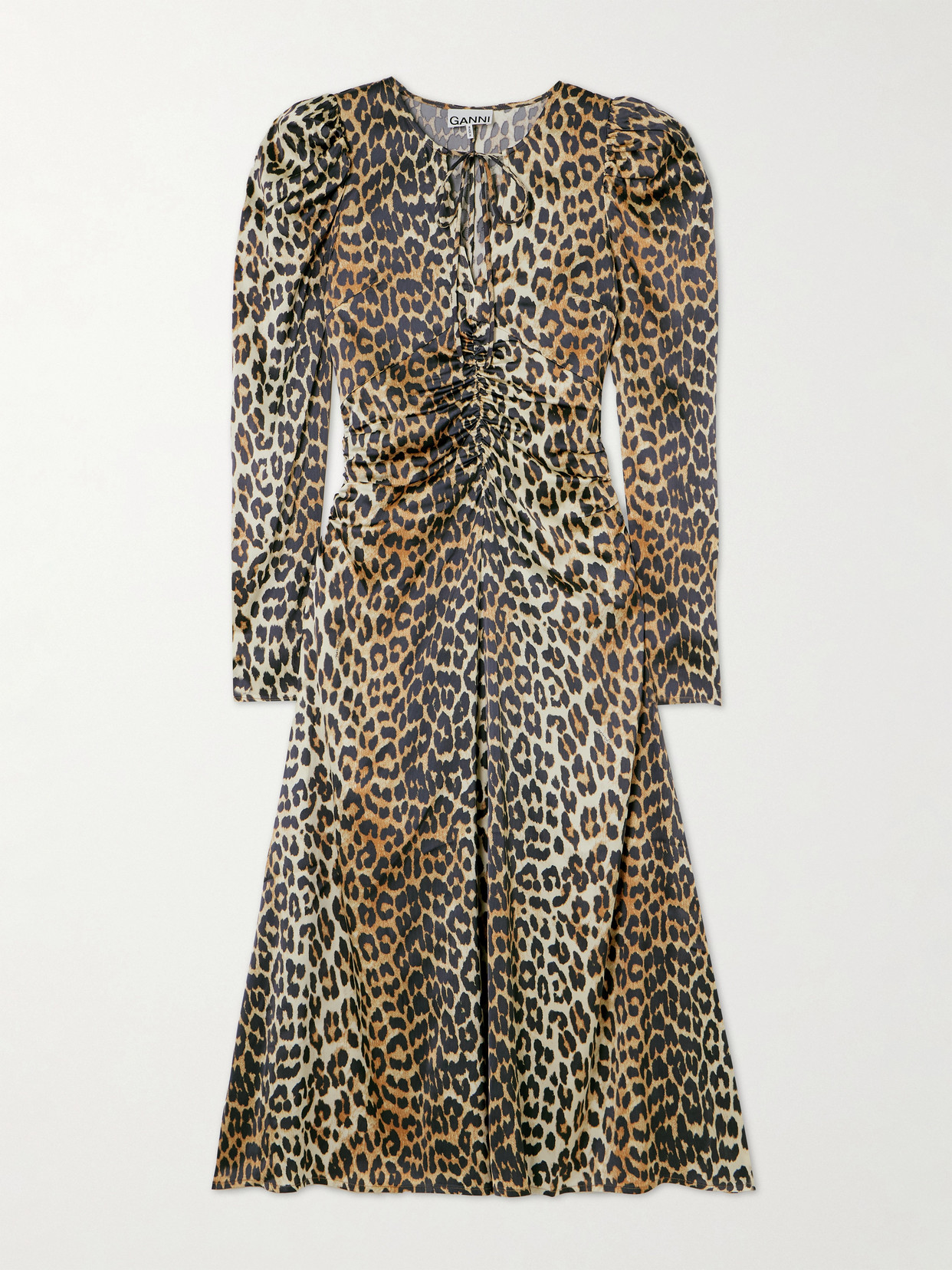 Ganni Tie-detailed Ruched Leopard-print Satin Midi Dress In Animal Print