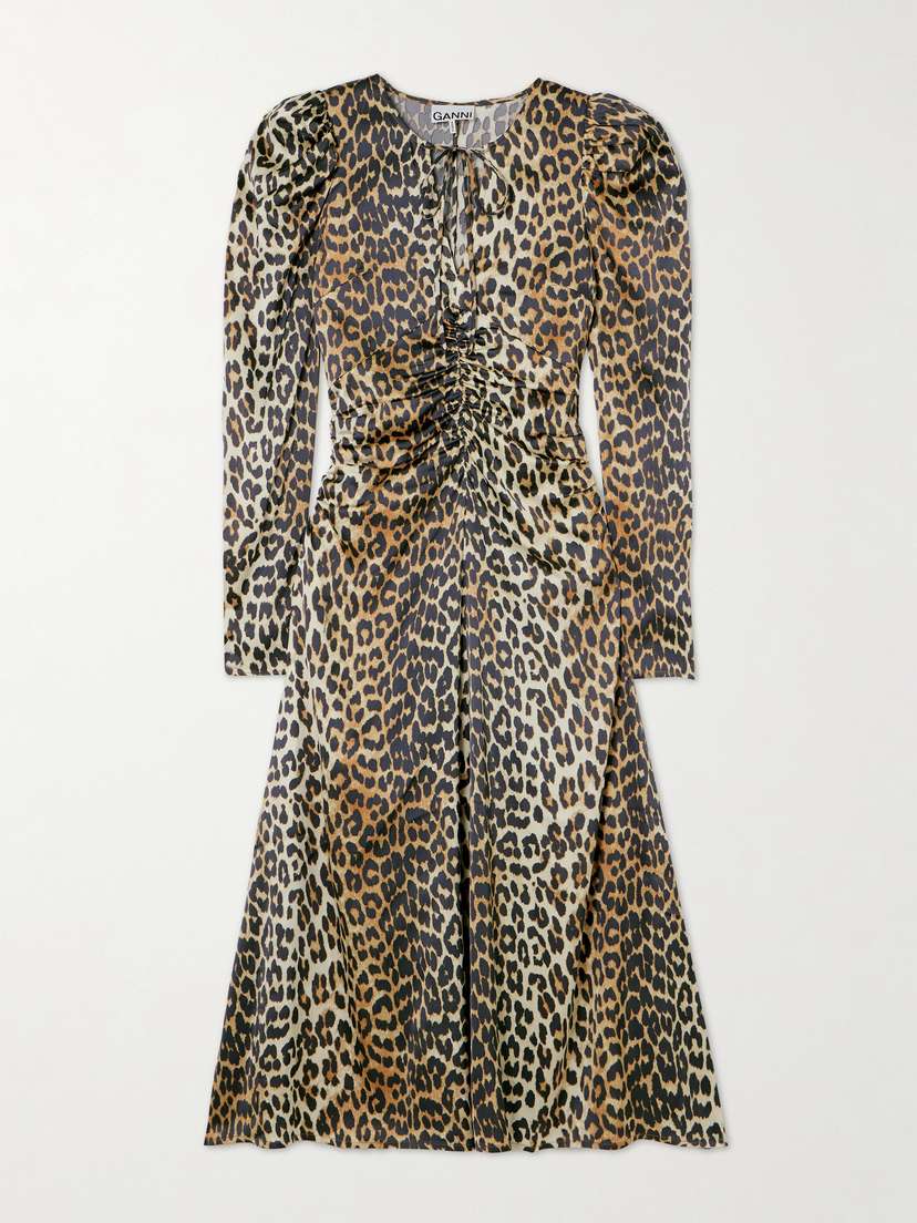 Ganni Tie-detailed Ruched Leopard-print Satin Midi Dress