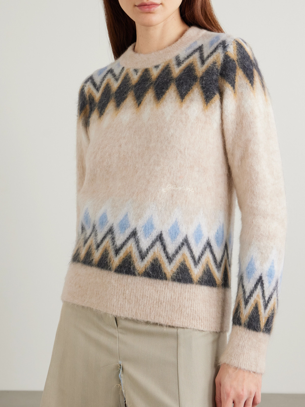 Ganni Fair Isle Knitted Sweater In Neutrals
