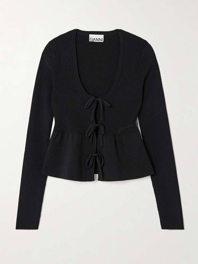 Ganni Cropped Tie-detailed Ruffled Ribbed-knit Cardigan