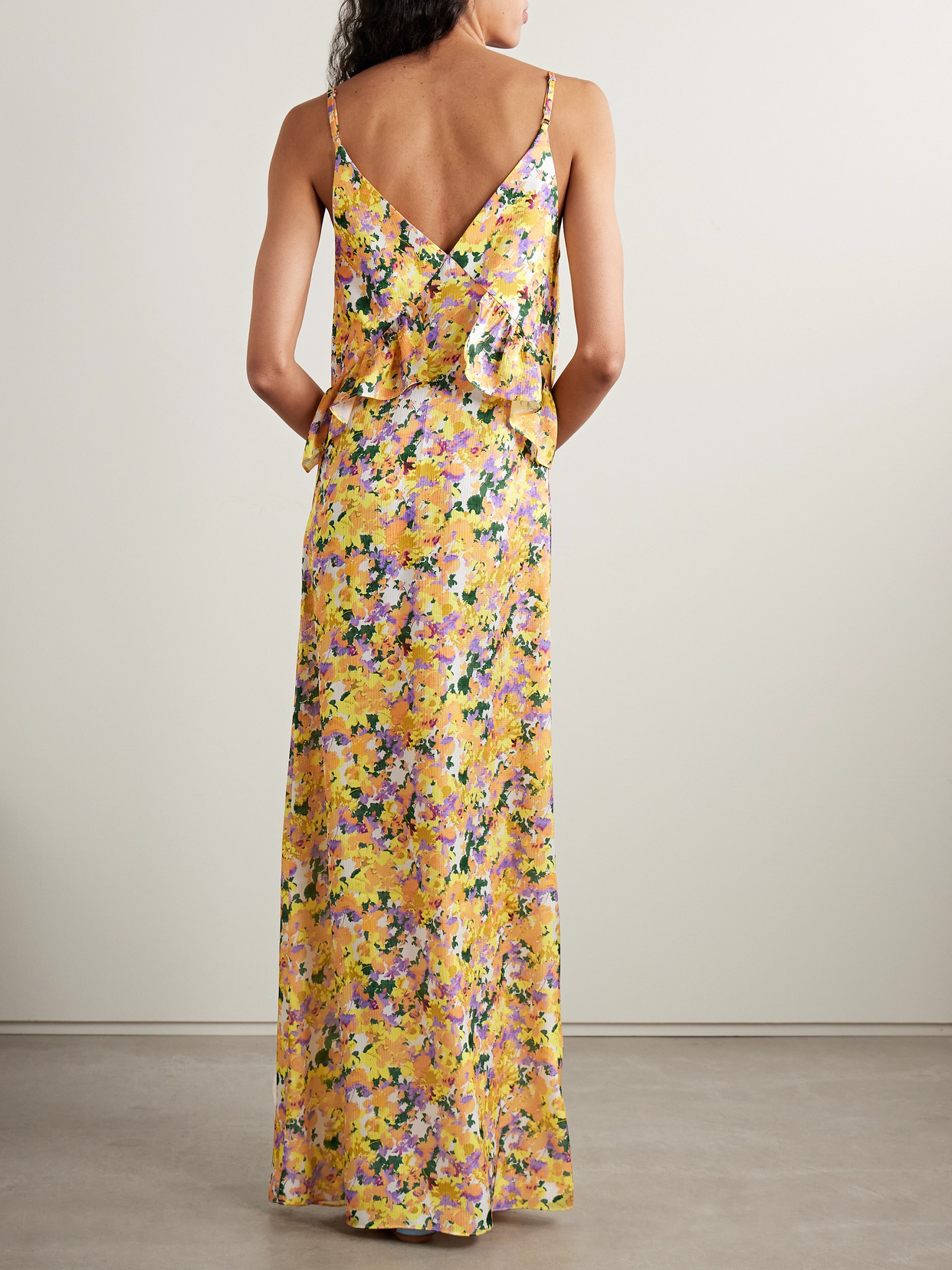 Kika Vargas Bel Appliquéd Ruffled Floral-print Hammered-crepe Maxi Dress