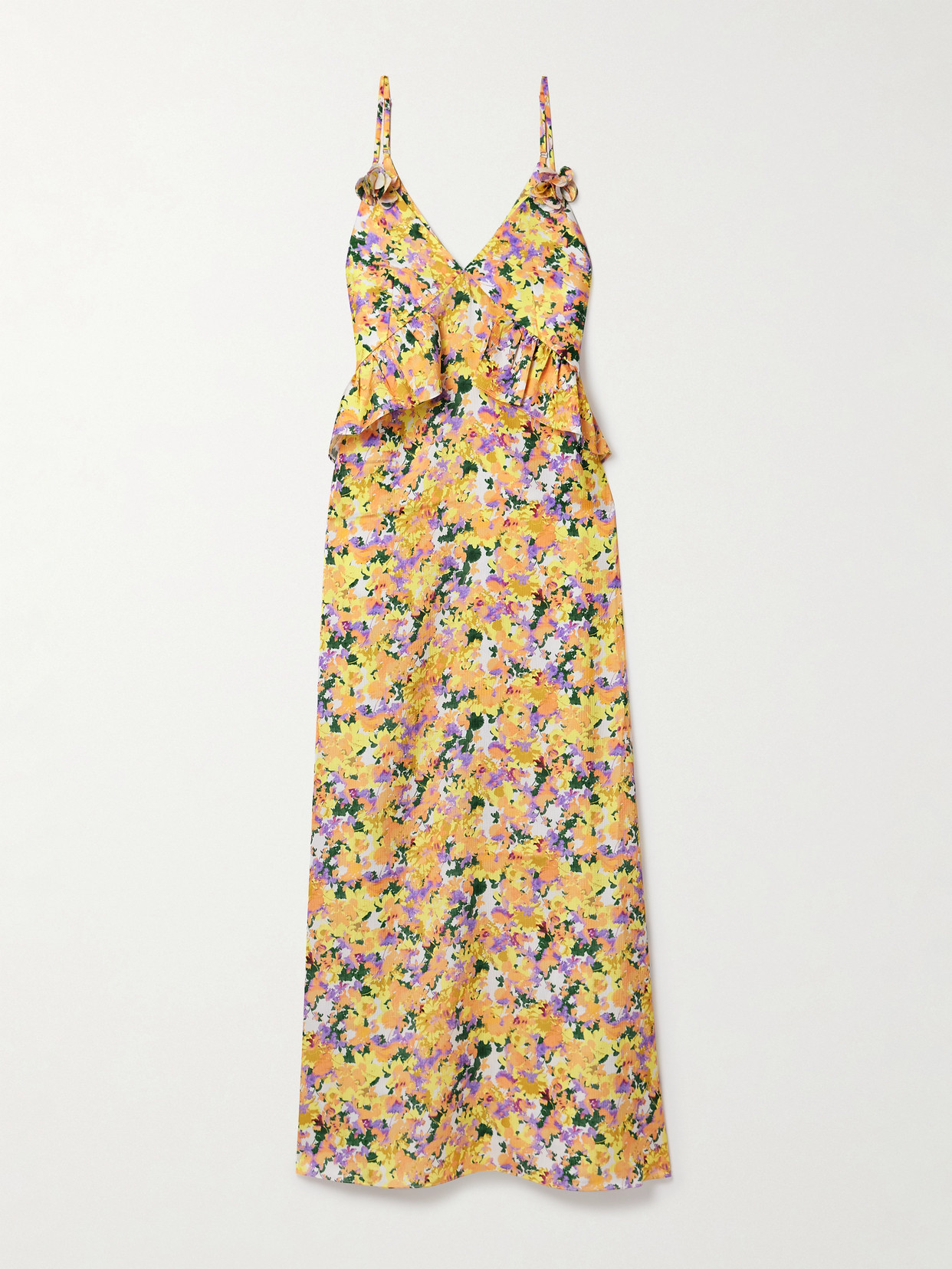 Kika Vargas Bel Appliquéd Ruffled Floral-print Hammered-crepe Maxi Dress