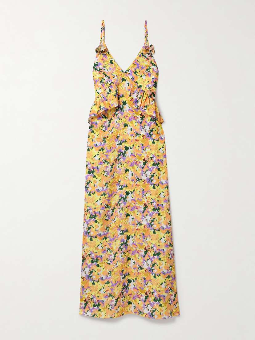 Kika Vargas Bel Appliquéd Ruffled Floral-print Hammered-crepe Maxi Dress