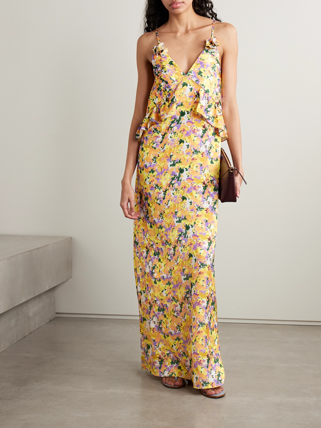 Kika Vargas Bel Appliquéd Ruffled Floral-print Hammered-crepe Maxi Dress