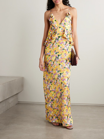 Kika Vargas Bel appliquéd ruffled floral-print hammered-crepe maxi dress