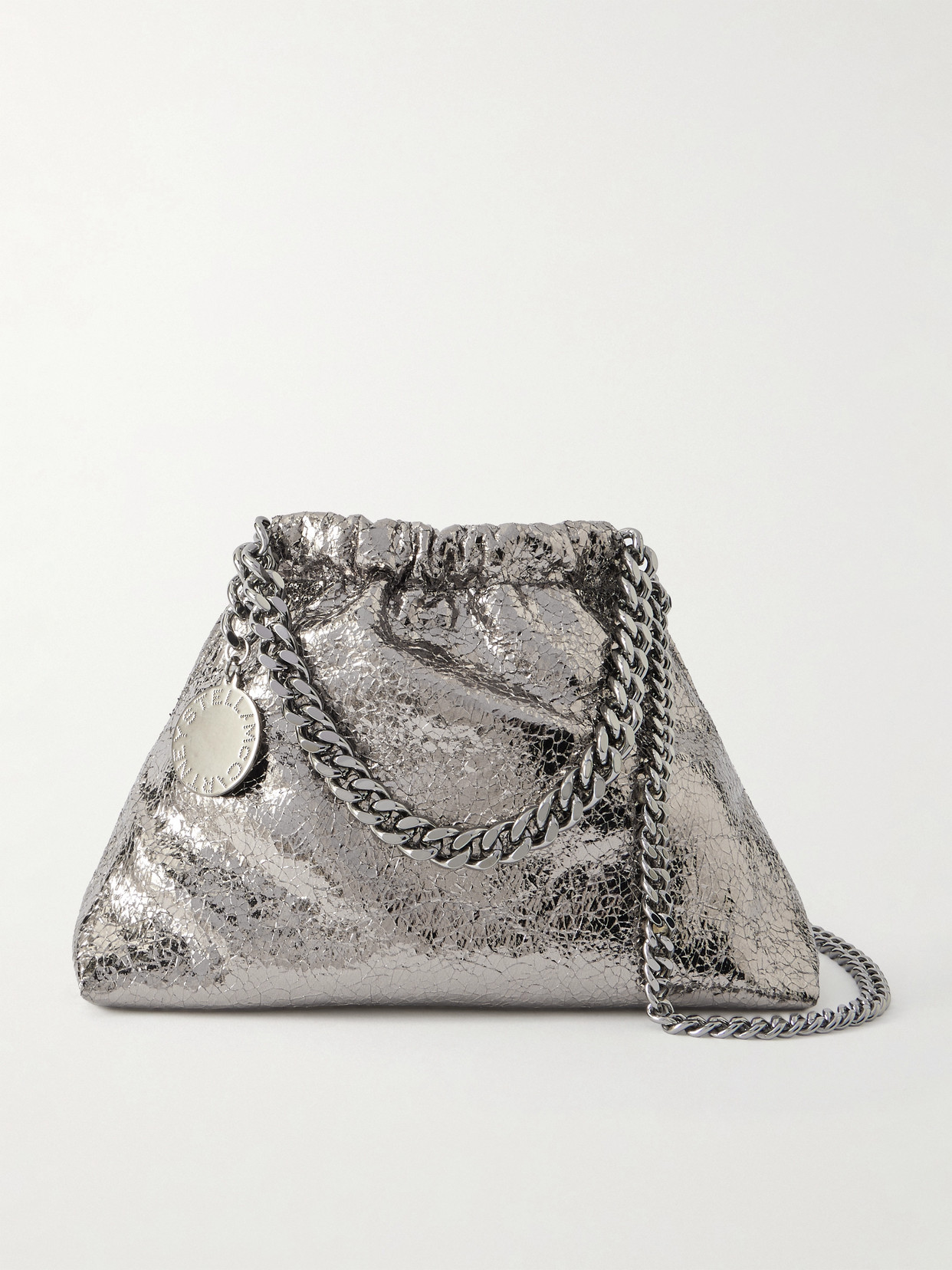Stella Mccartney Falabella Mini Metallic Cracked Vegan Shoulder Bag In Silver