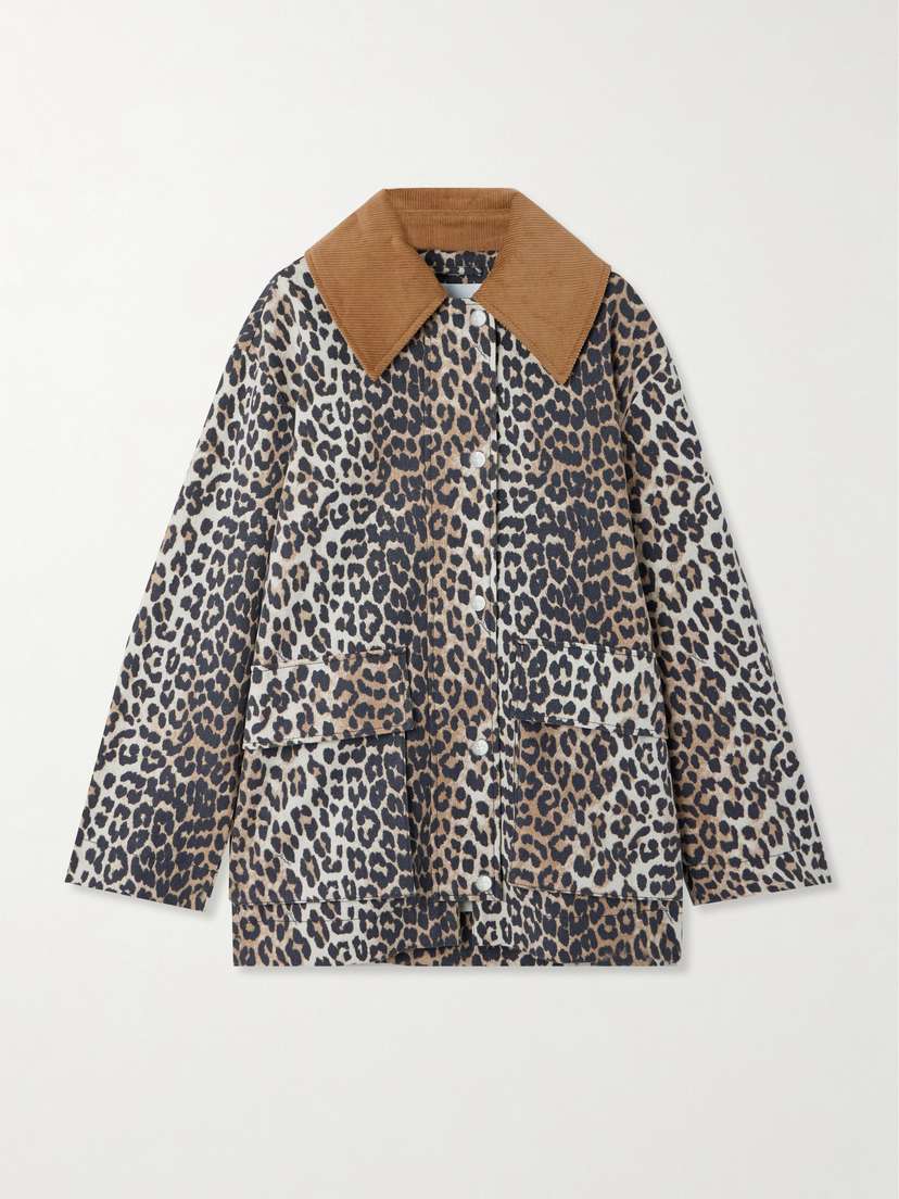Ganni Corduroy-trimmed Leopard-print Hemp And Organic Cotton-blend Canvas Jacket