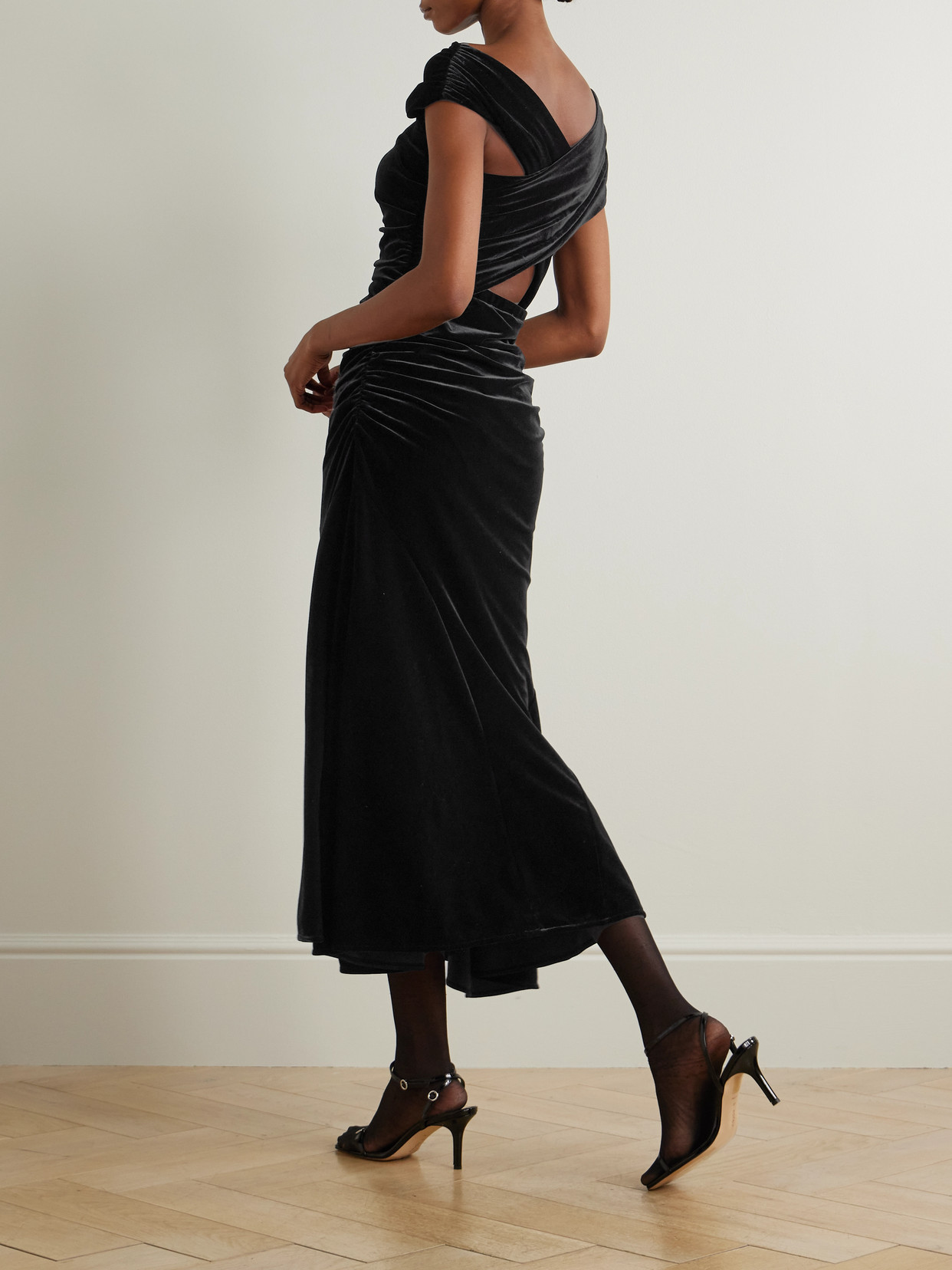 Ganni Black Velvet Ruched Maxi Dress In Black