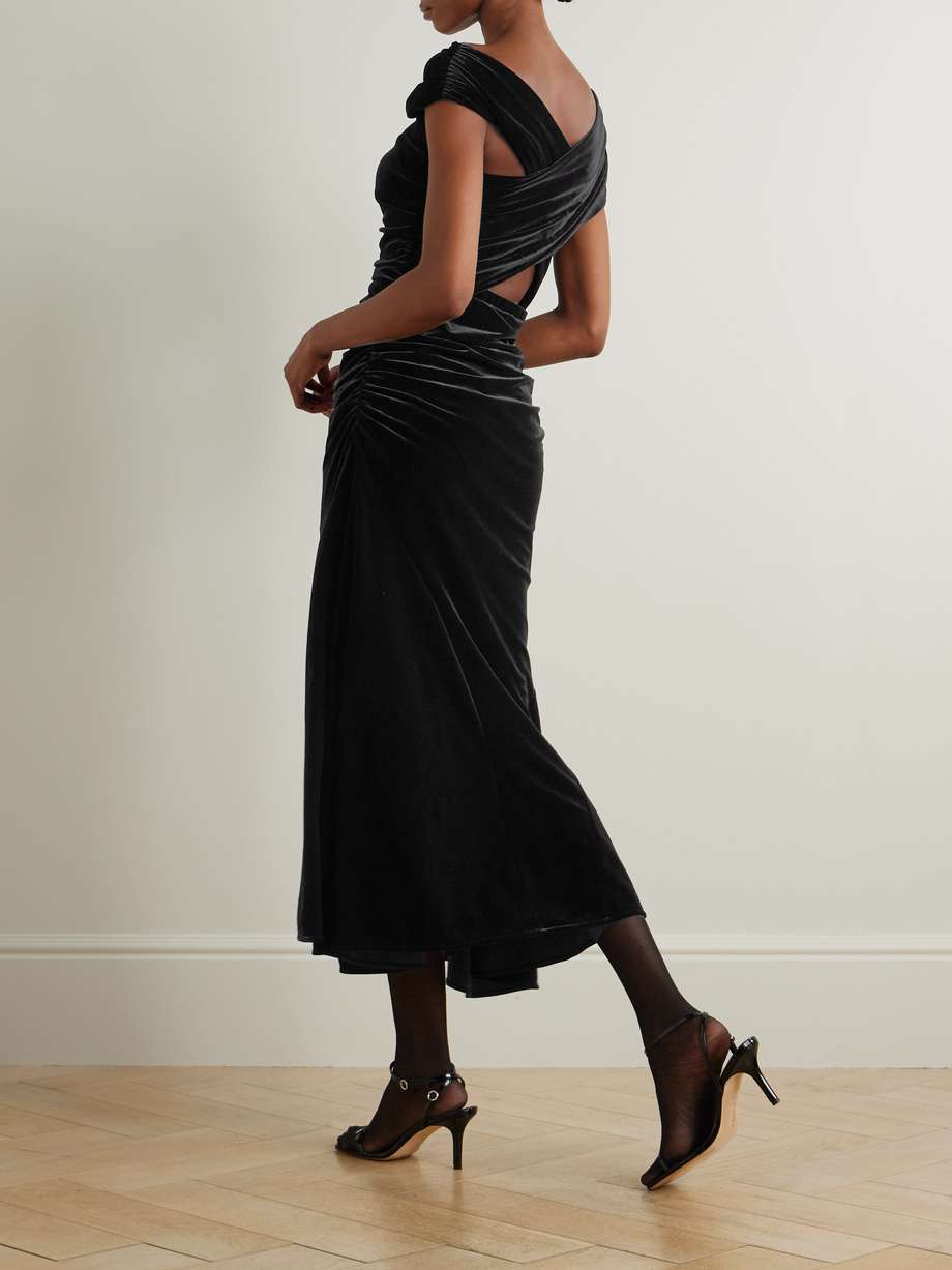 asymmetric ruched recycled-velvet midi dress