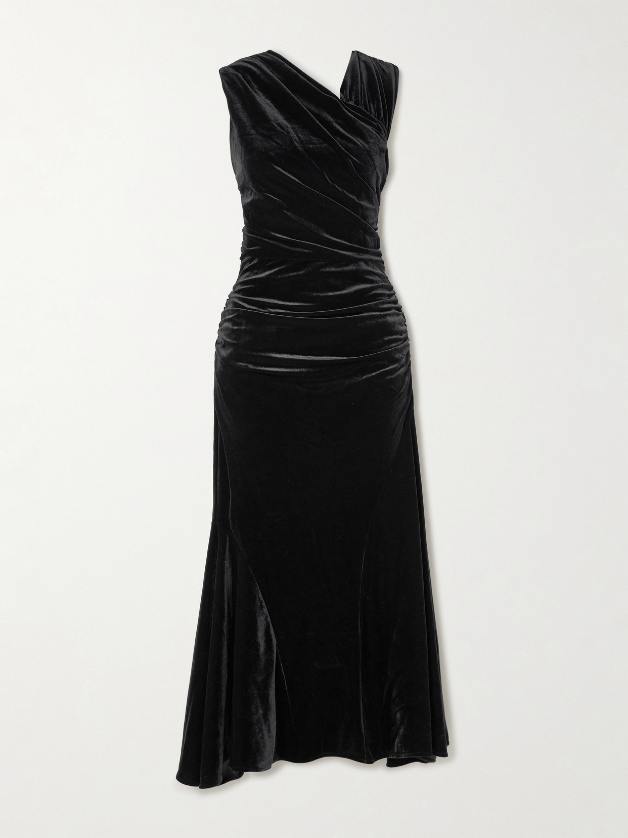 Ganni Black Velvet Ruched Maxi Dress In Black
