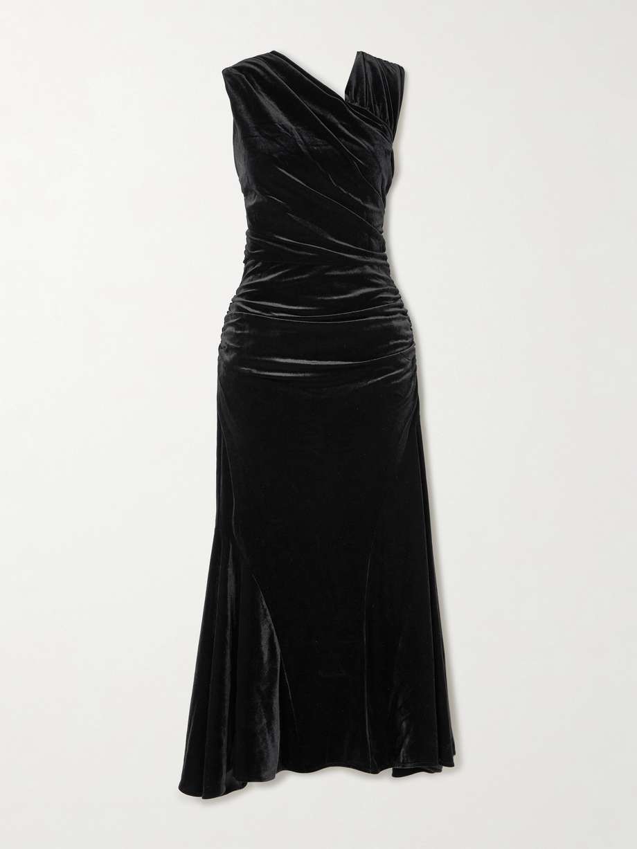 asymmetric ruched recycled-velvet midi dress