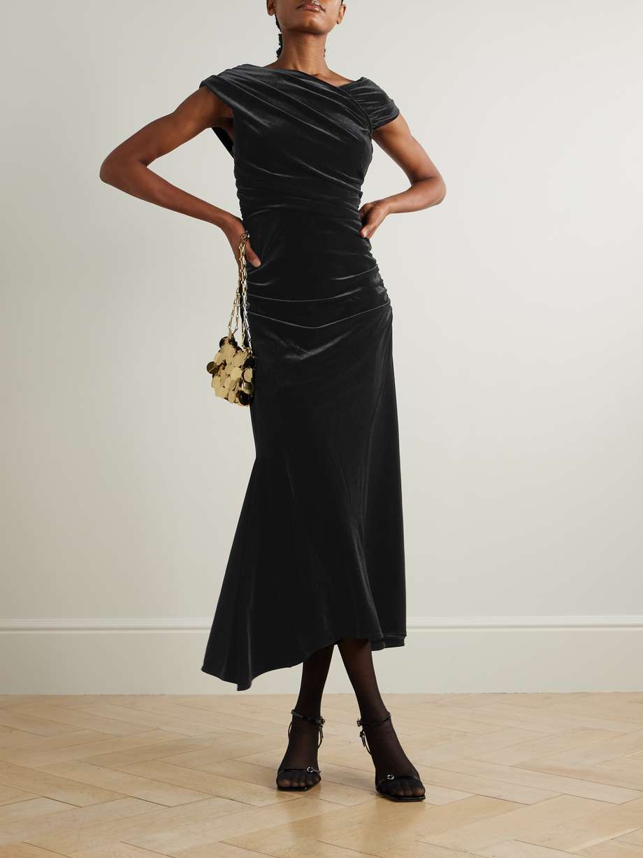 asymmetric ruched recycled-velvet midi dress