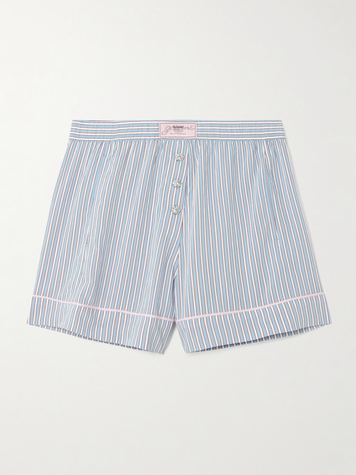Ganni Violet Shorts With Logo Patch On The Front And All-over Striped Motif In Viscose Blend Woman In Blue