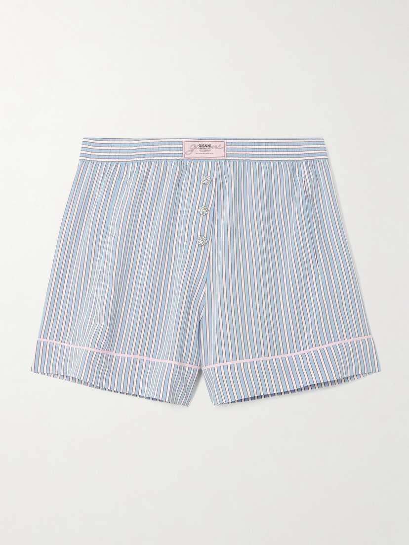 Ganni Crystal-embellished Striped Poplin Shorts