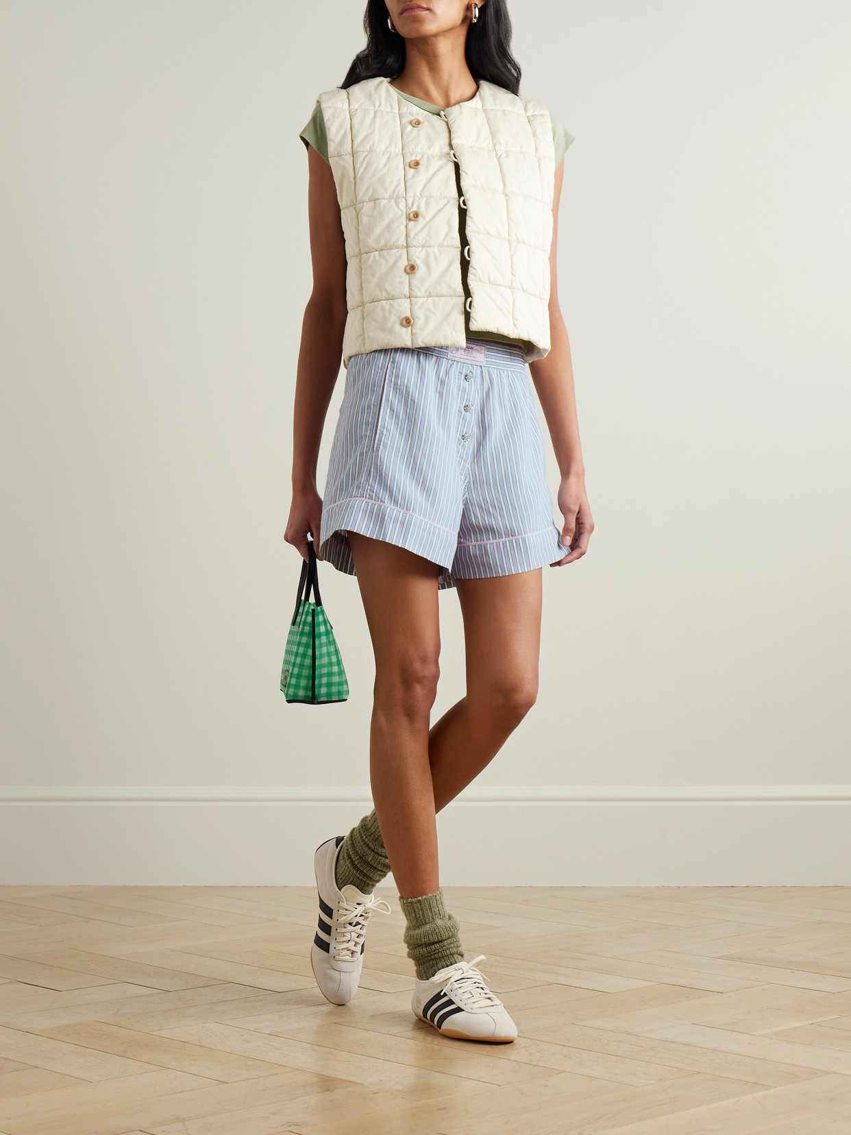 Ganni Violet Shorts With Logo Patch On The Front And All-over Striped Motif In Blue