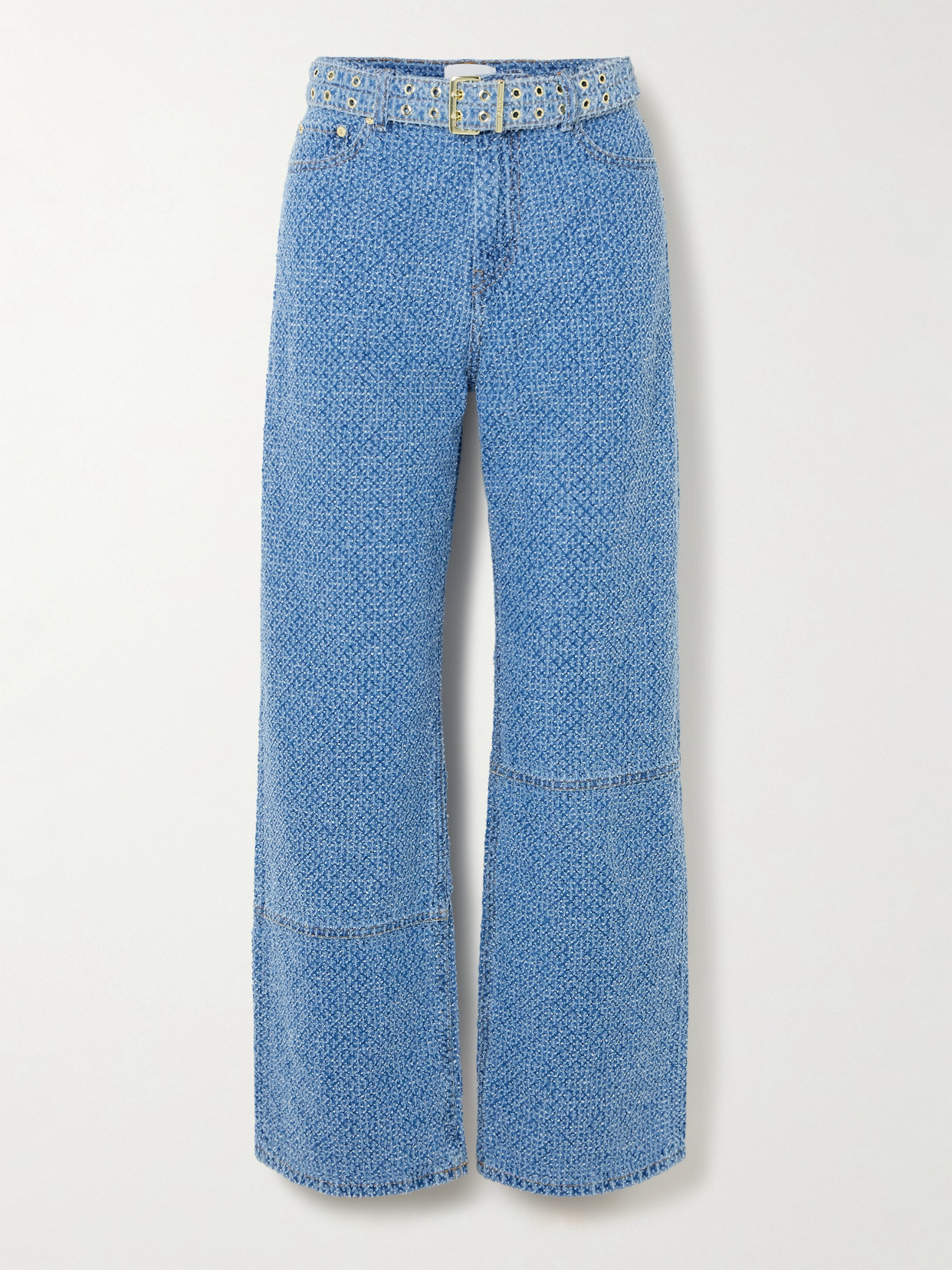Ganni Izey Belted Organic Bouclé-denim Straight-leg Jeans In Blue