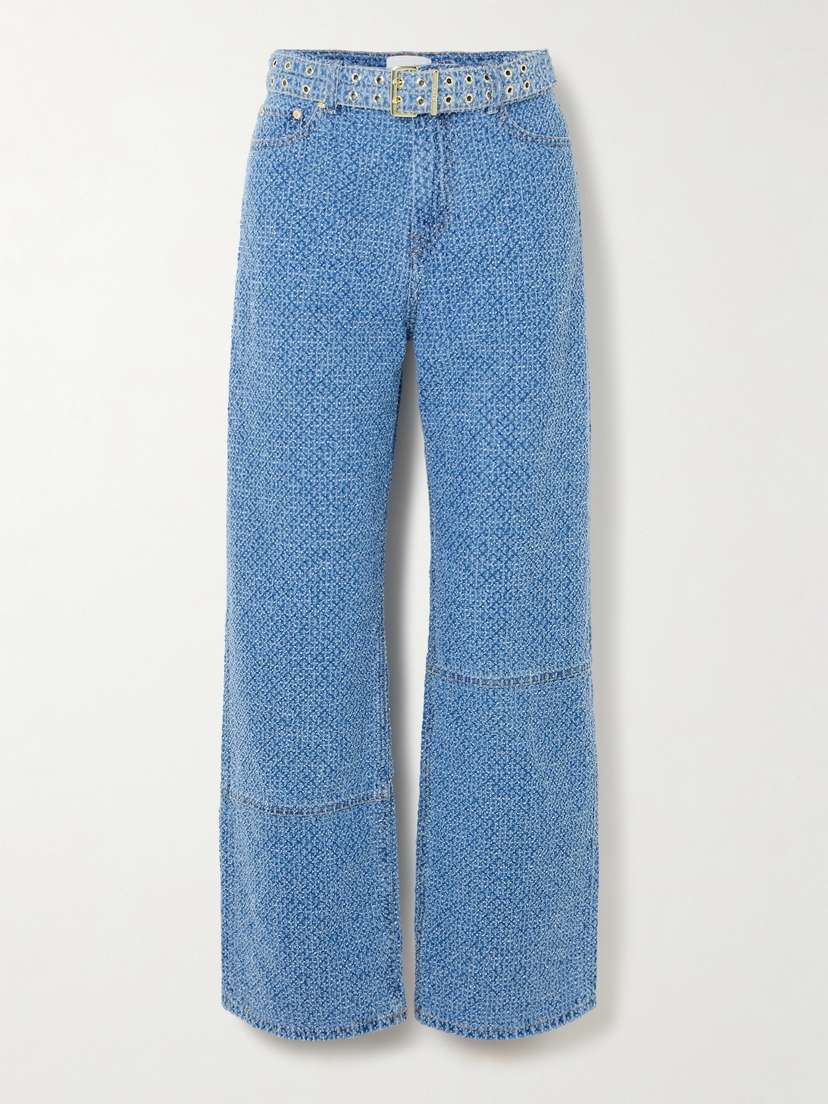 Ganni Izey Belted Organic Bouclé-denim Straight-leg Jeans
