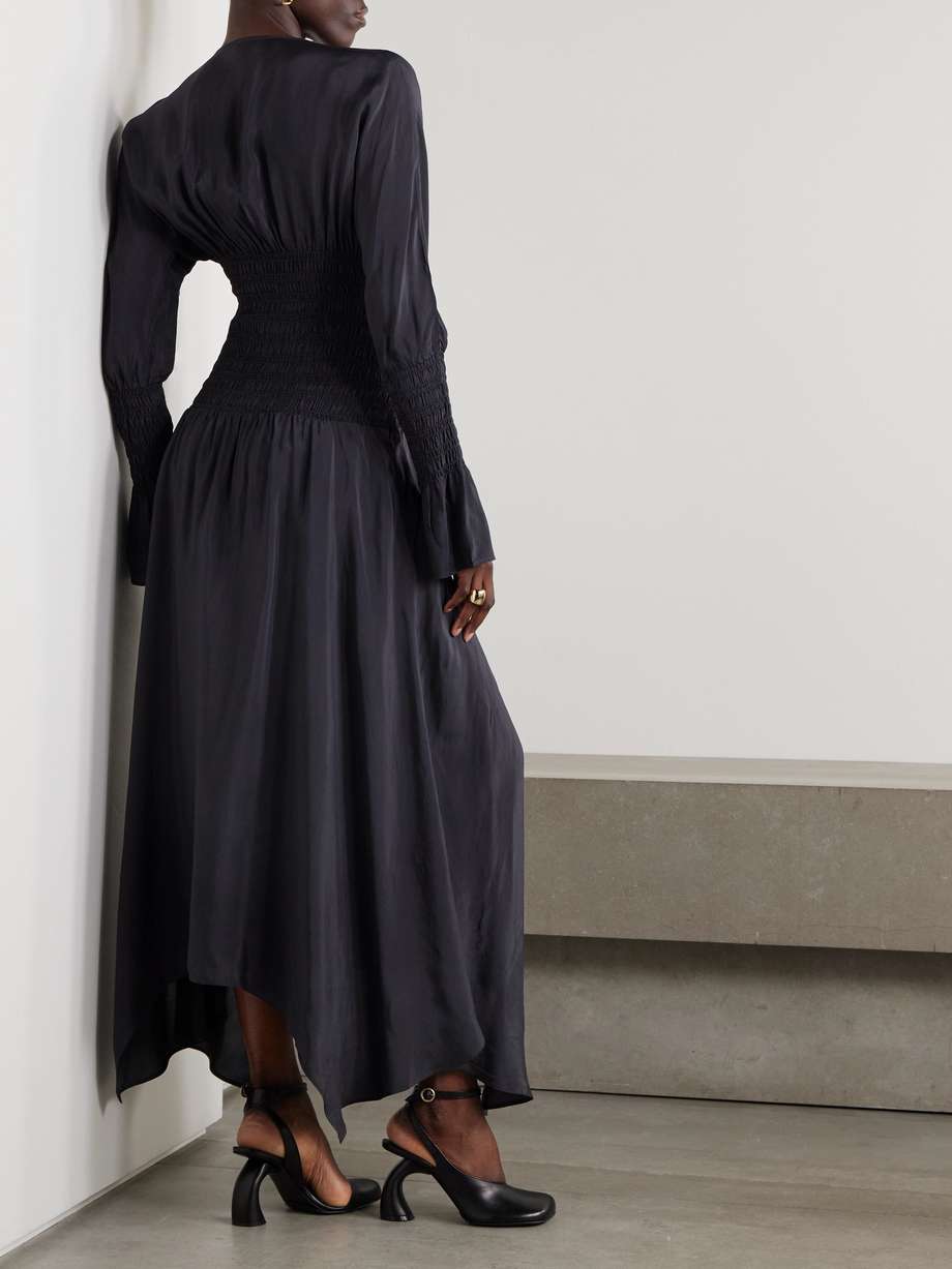 tie-detailed smocked habotai midi dress