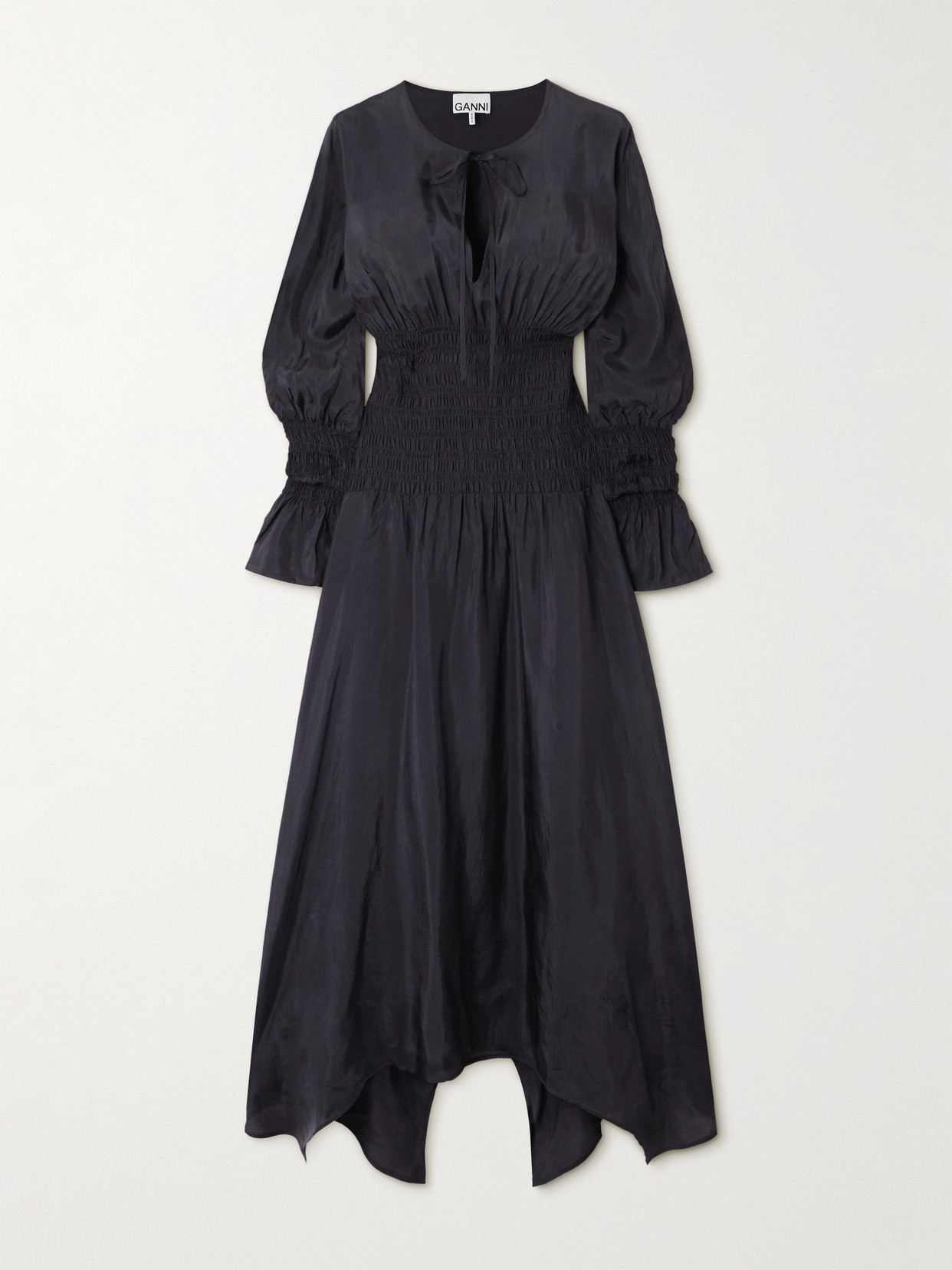 GANNI - Tie-detailed Smocked Habotai Midi Dress - Charcoal