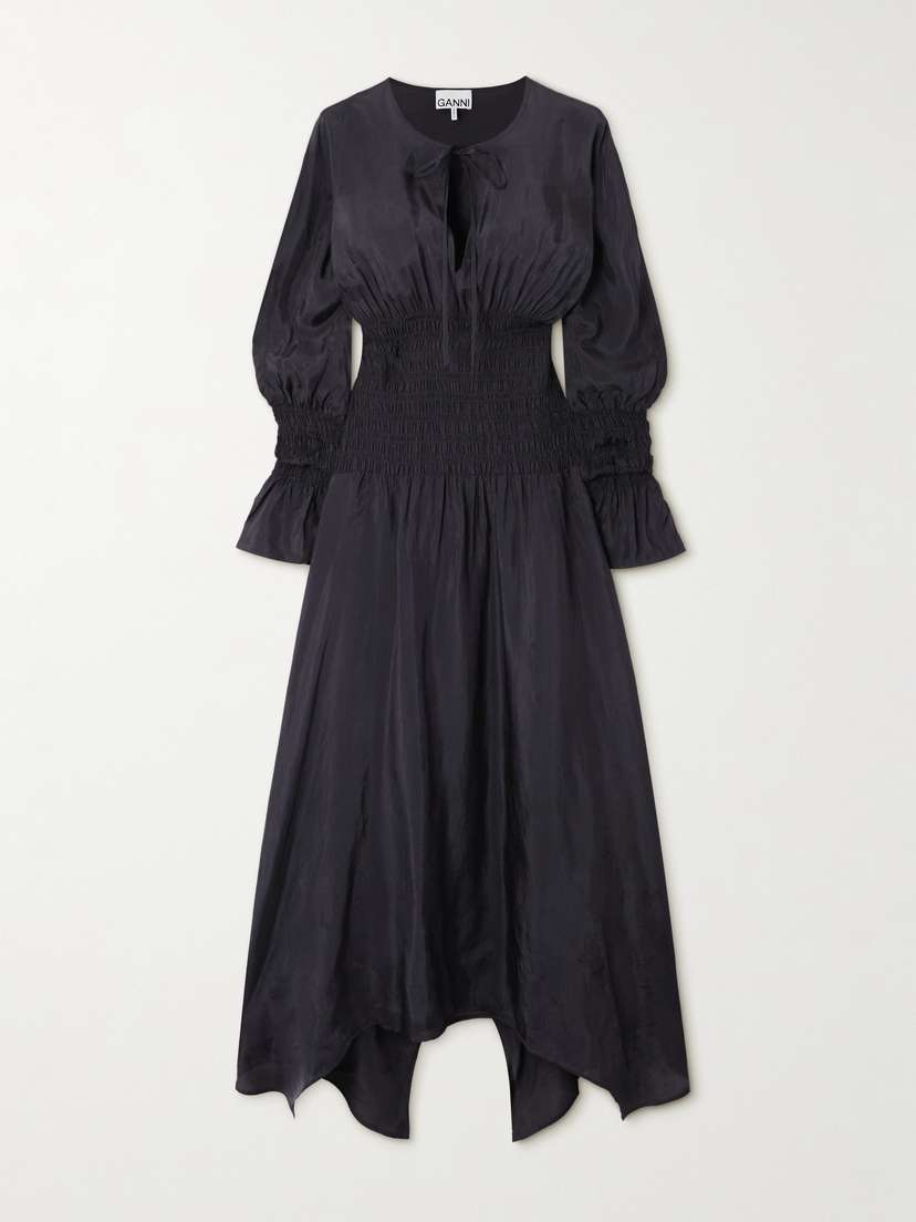 Ganni Tie-detailed Smocked Habotai Midi Dress