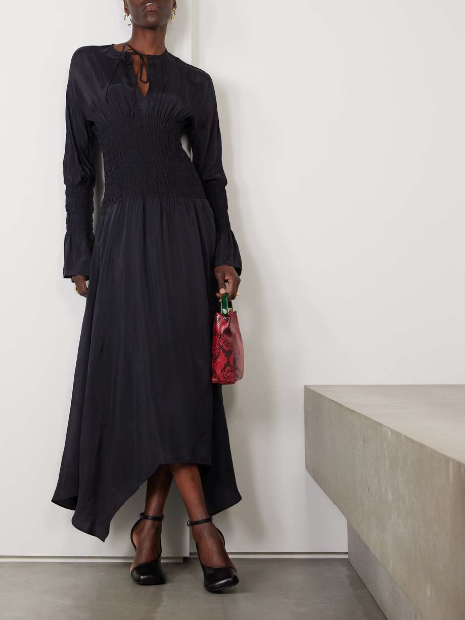 tie-detailed smocked habotai midi dress