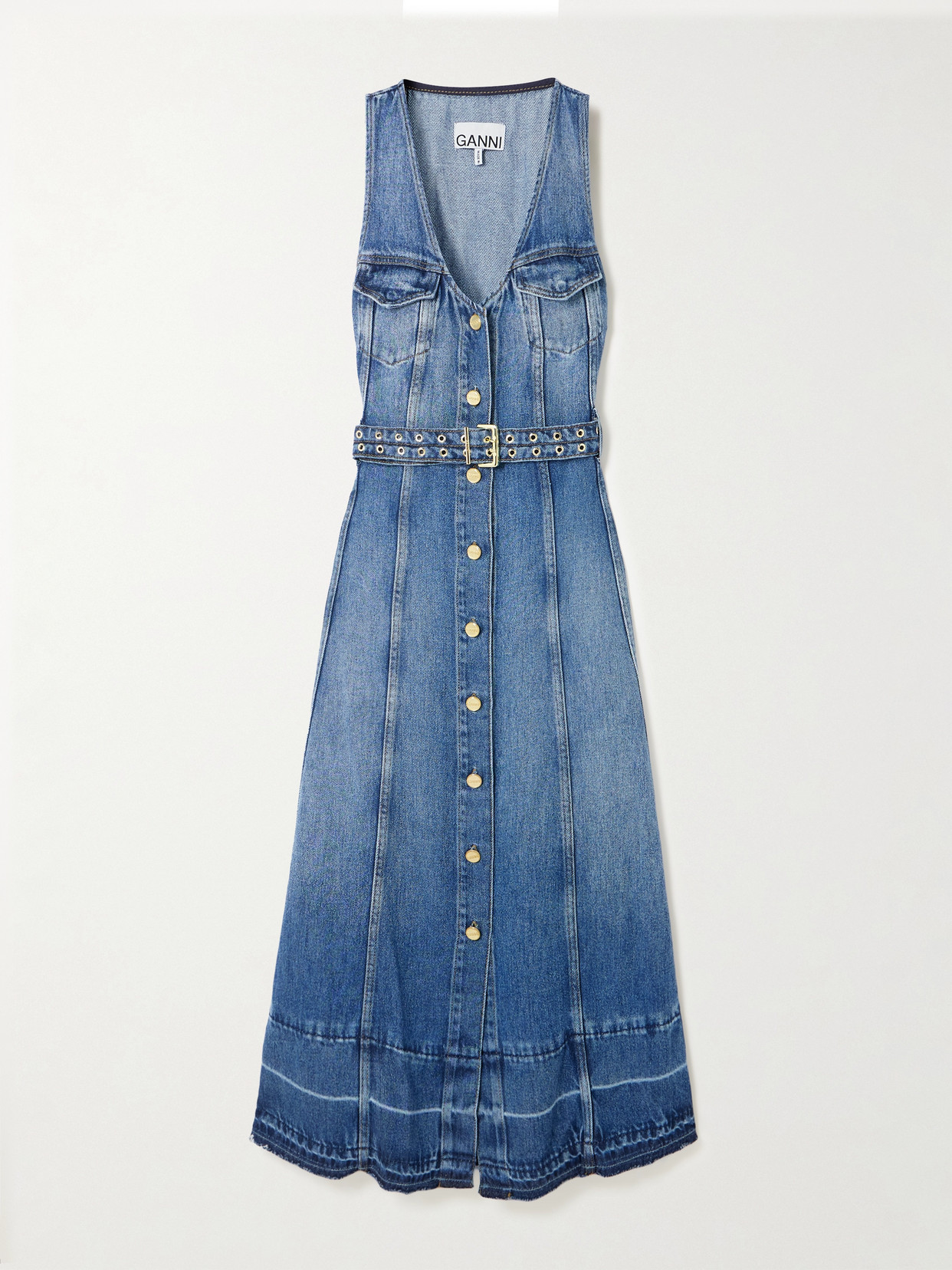 Ganni Blue Light Denim Belt Midi Dress In Blue