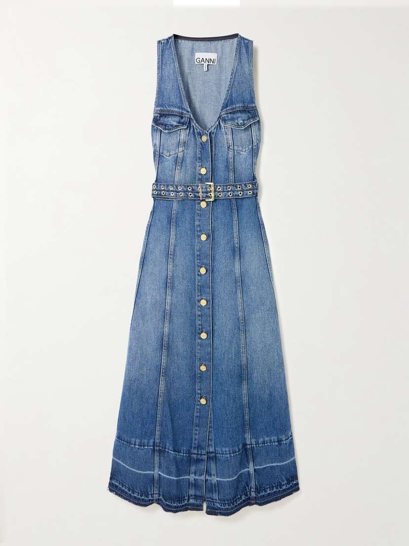 Ganni Belted Frayed Denim Midi Dress