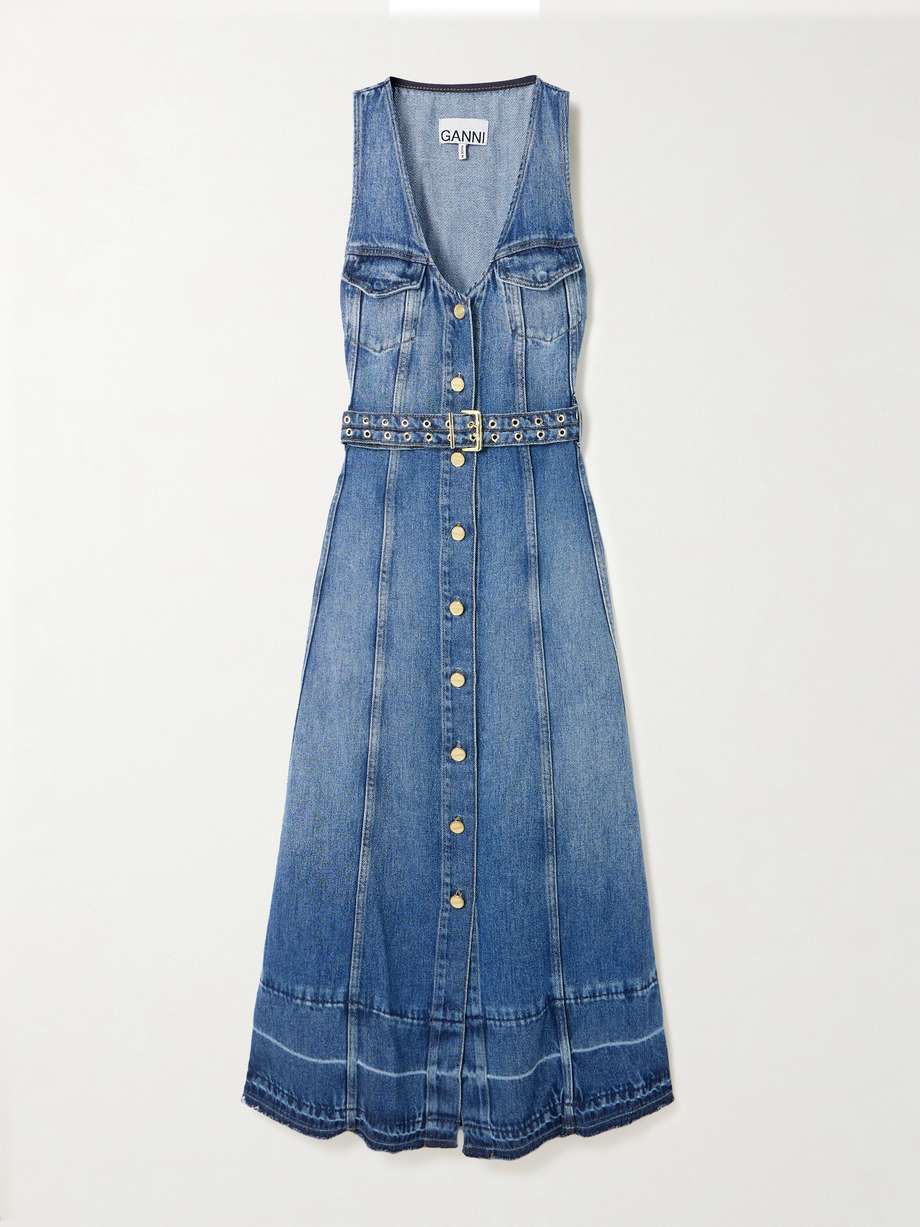 belted frayed denim midi dress