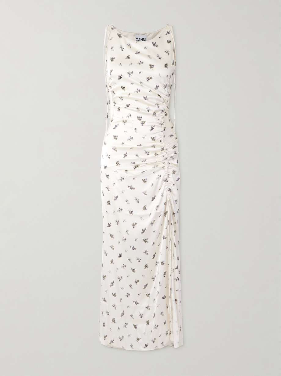 gathered tie-detailed floral-print satin midi dress