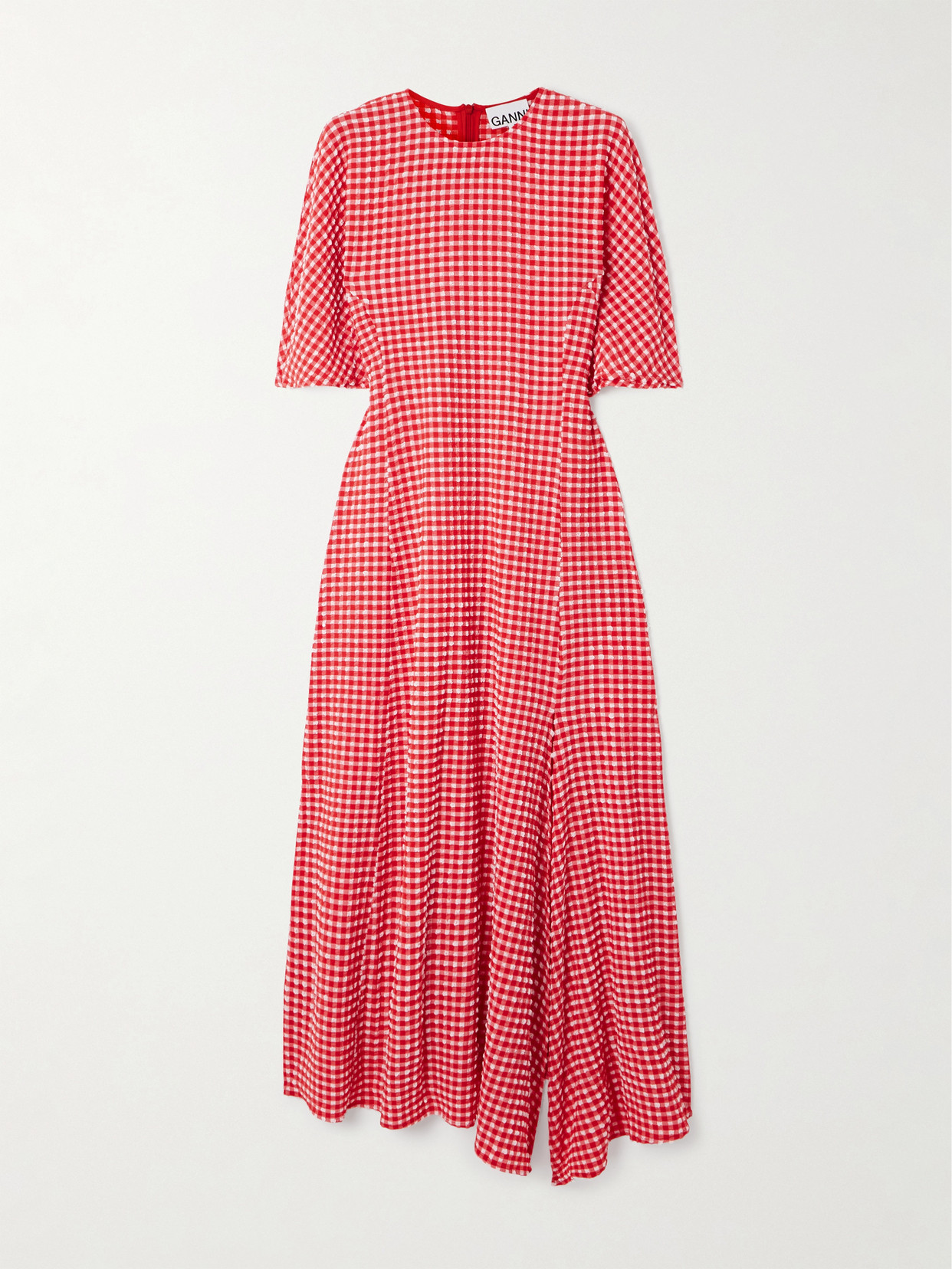 Ganni Asymmetric Gingham Recycled-seersucker Midi Dress In Red