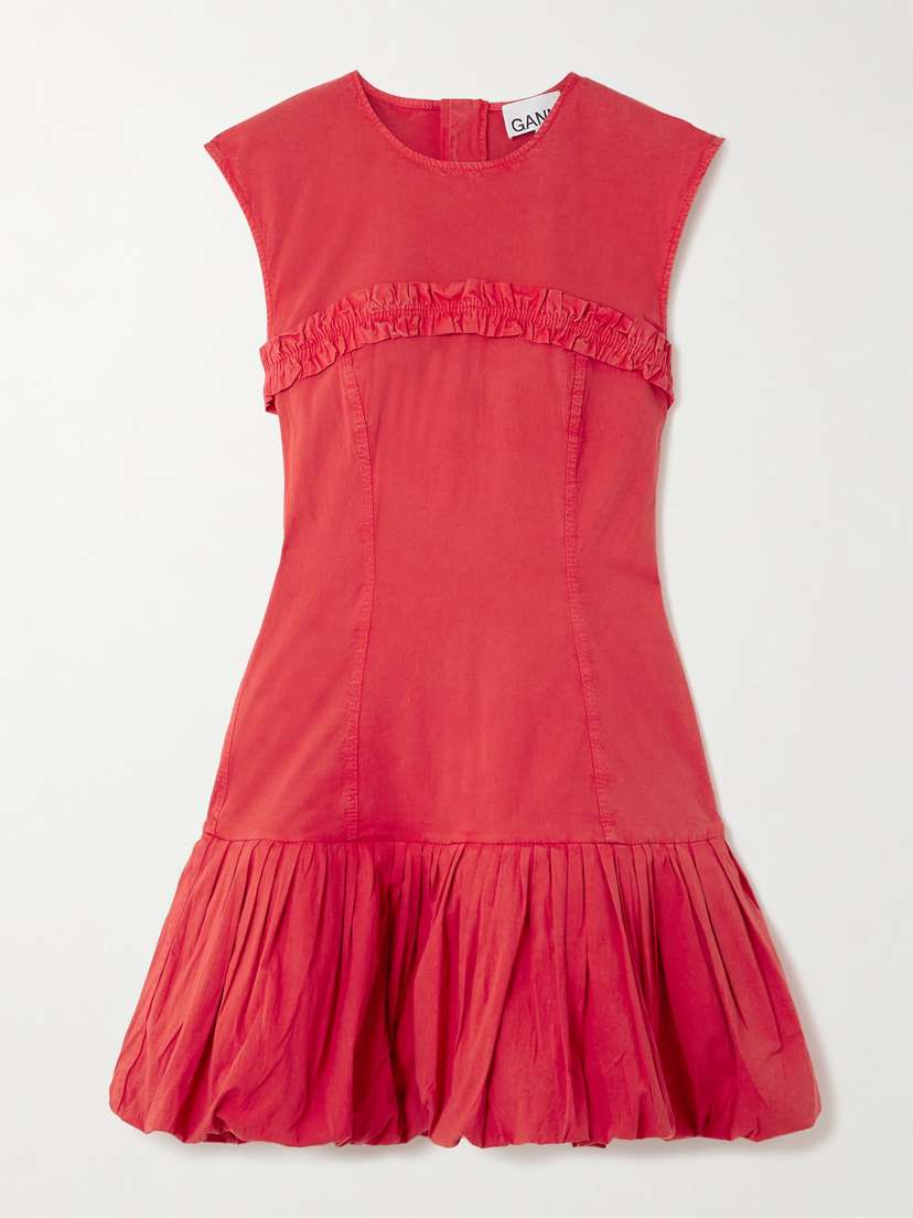 Ganni Ruffled Gathered Cotton-blend Mini Dress