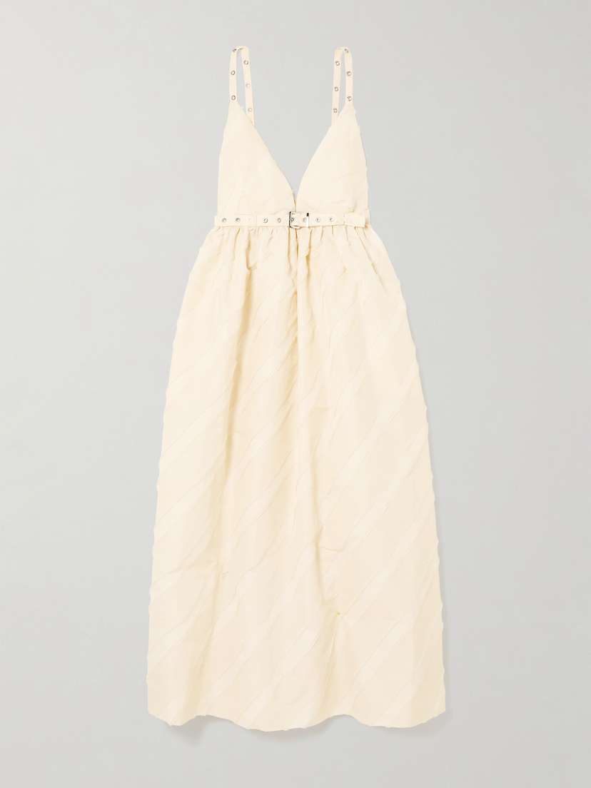 Ganni Belted Eyelet-embellished Striped Taffeta Midi Dress