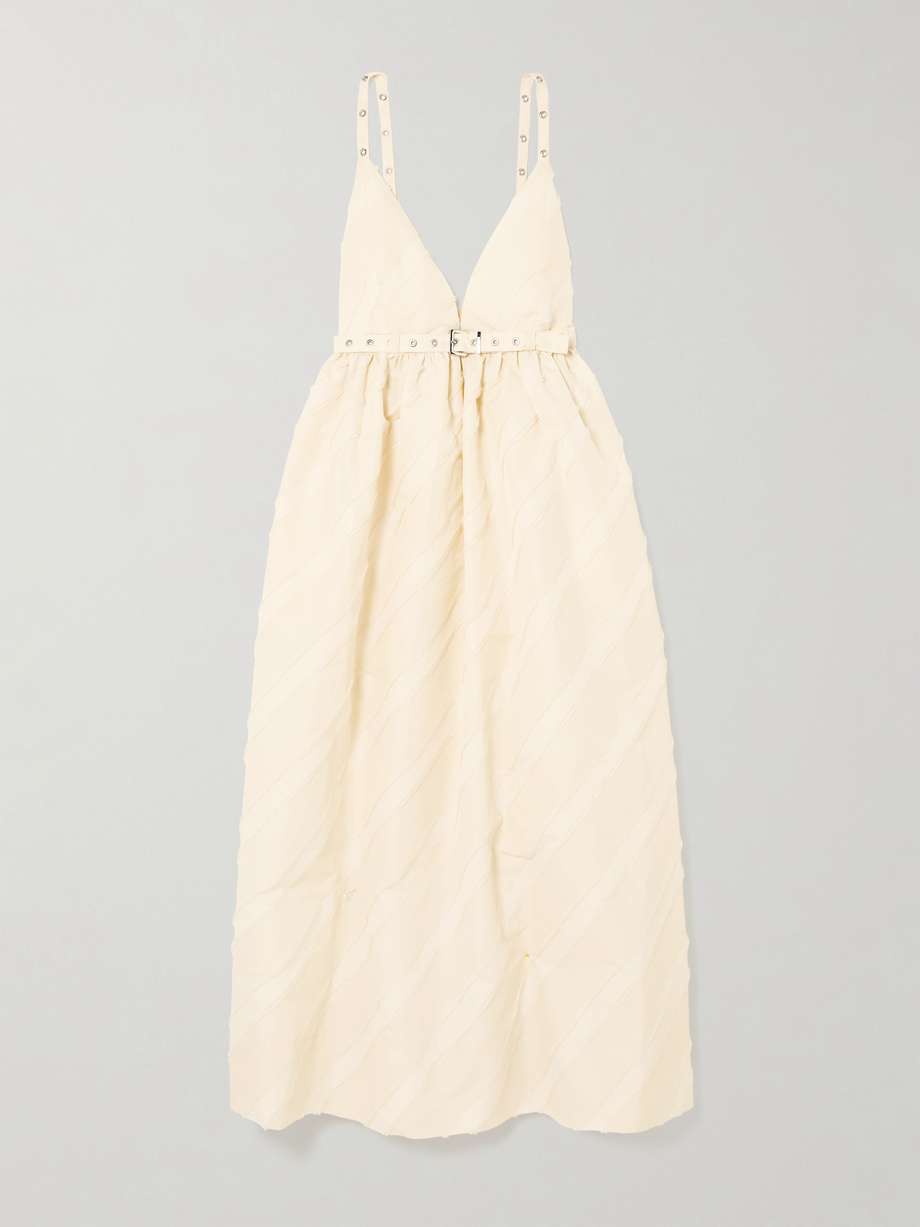 belted eyelet-embellished striped taffeta midi dress