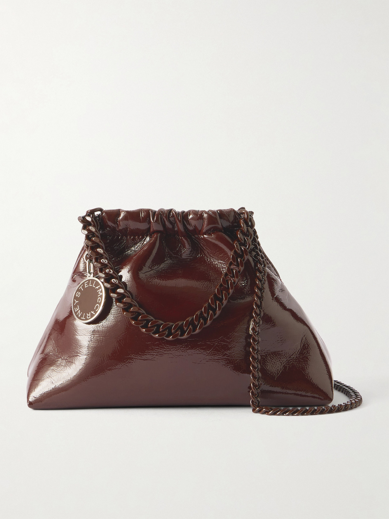Stella Mccartney Falabella Mini Cracked Glossed Vegan Shoulder Bag In Brown